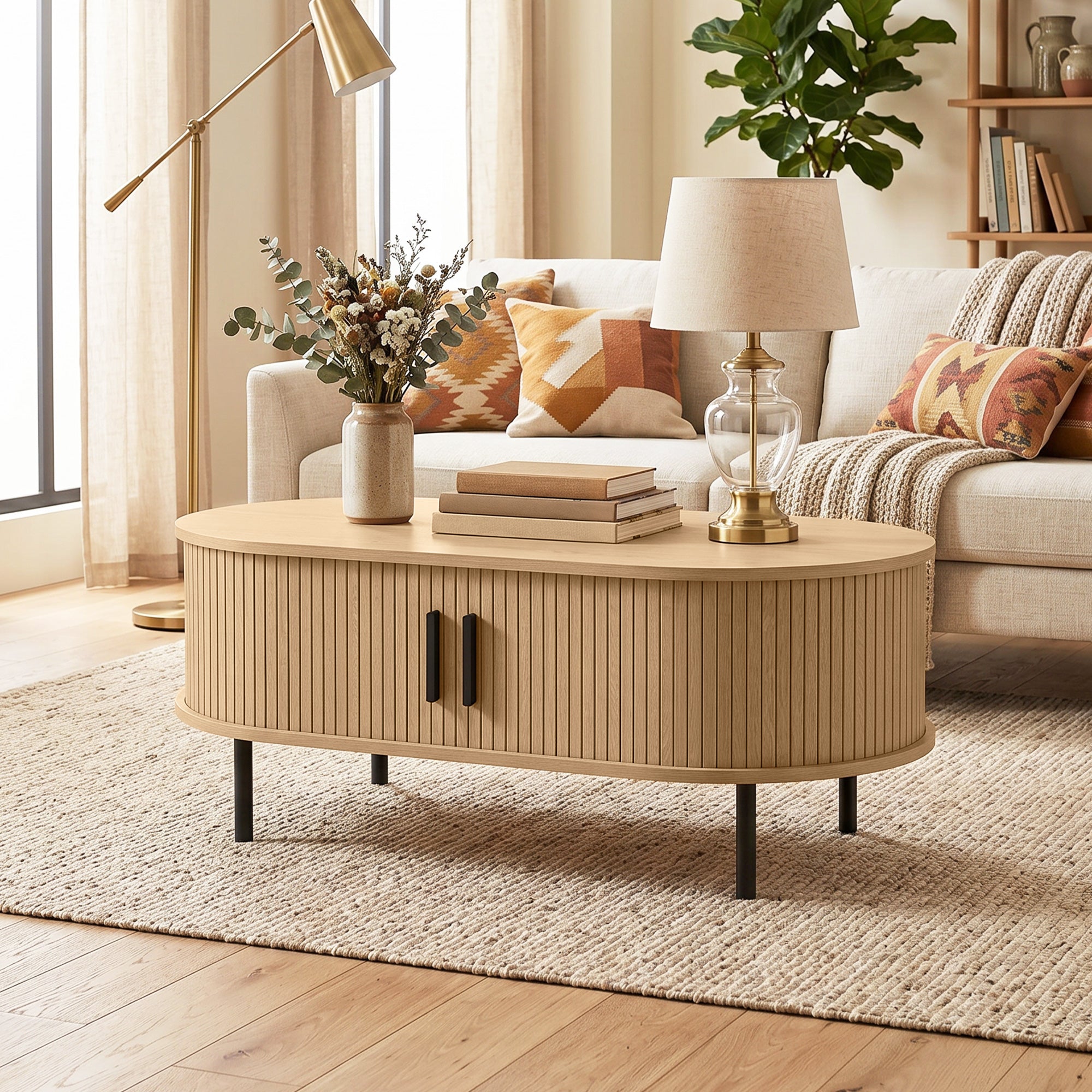 Table basse ovale en bois, table de salon moderne avec portes coulissantes et compartiments cachés, pieds en métal, pour chambre, séjour et bureau, 100 x 55 x 40 cm, effet bois naturel