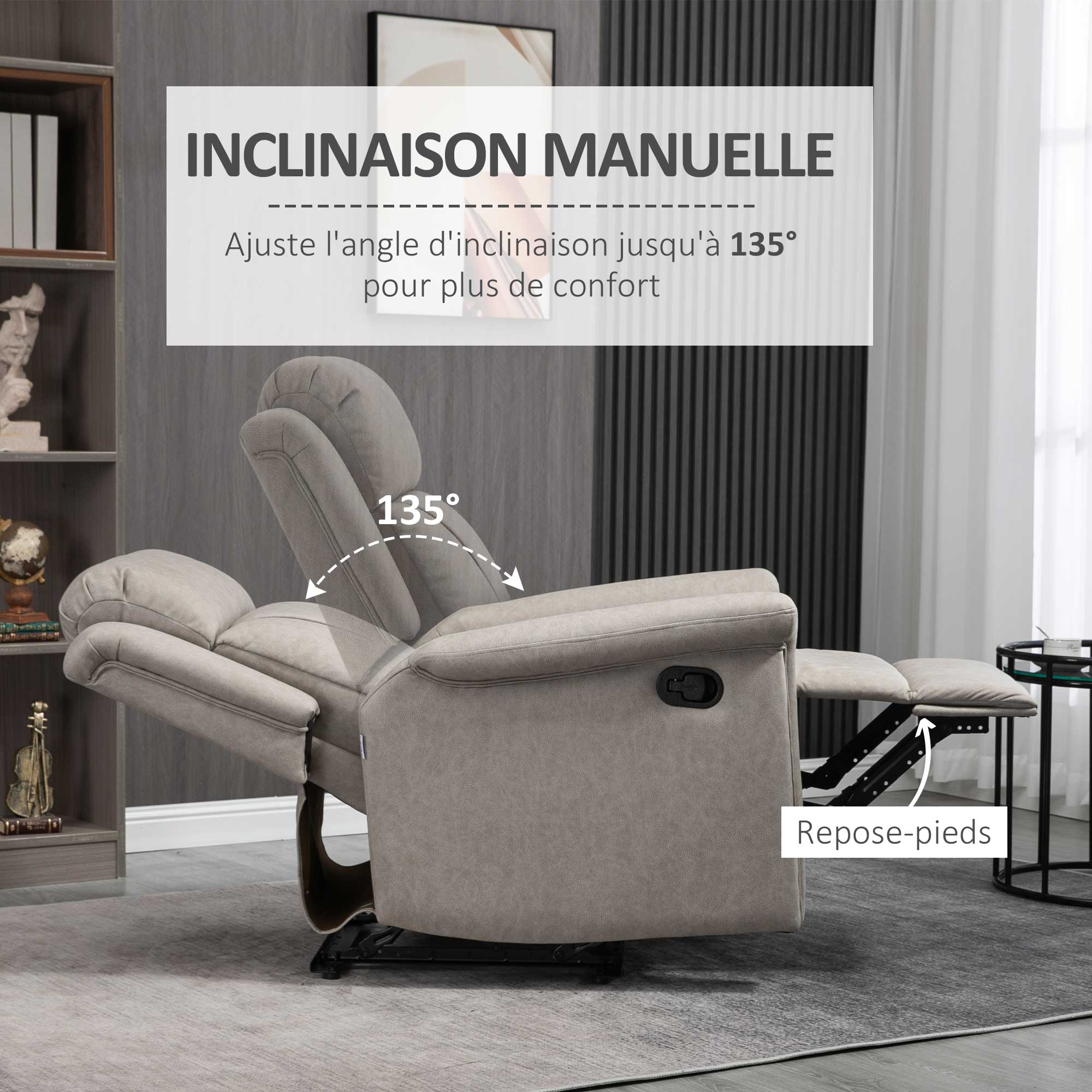 Fauteuil de relaxation inclinable 135° manuellement tissu en microfibre avec repose-pied gris