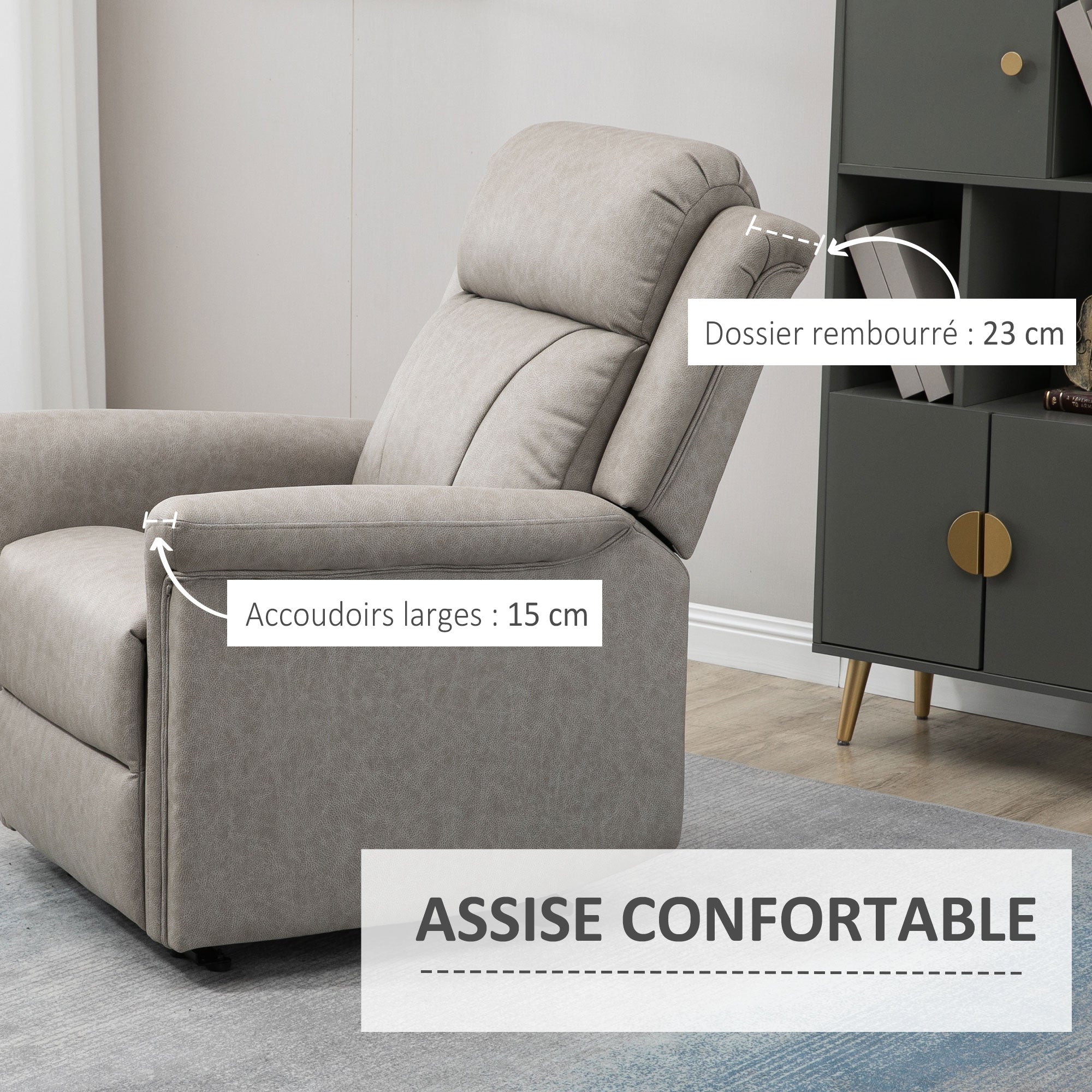 Fauteuil de relaxation inclinable 135° manuellement tissu en microfibre avec repose-pied gris