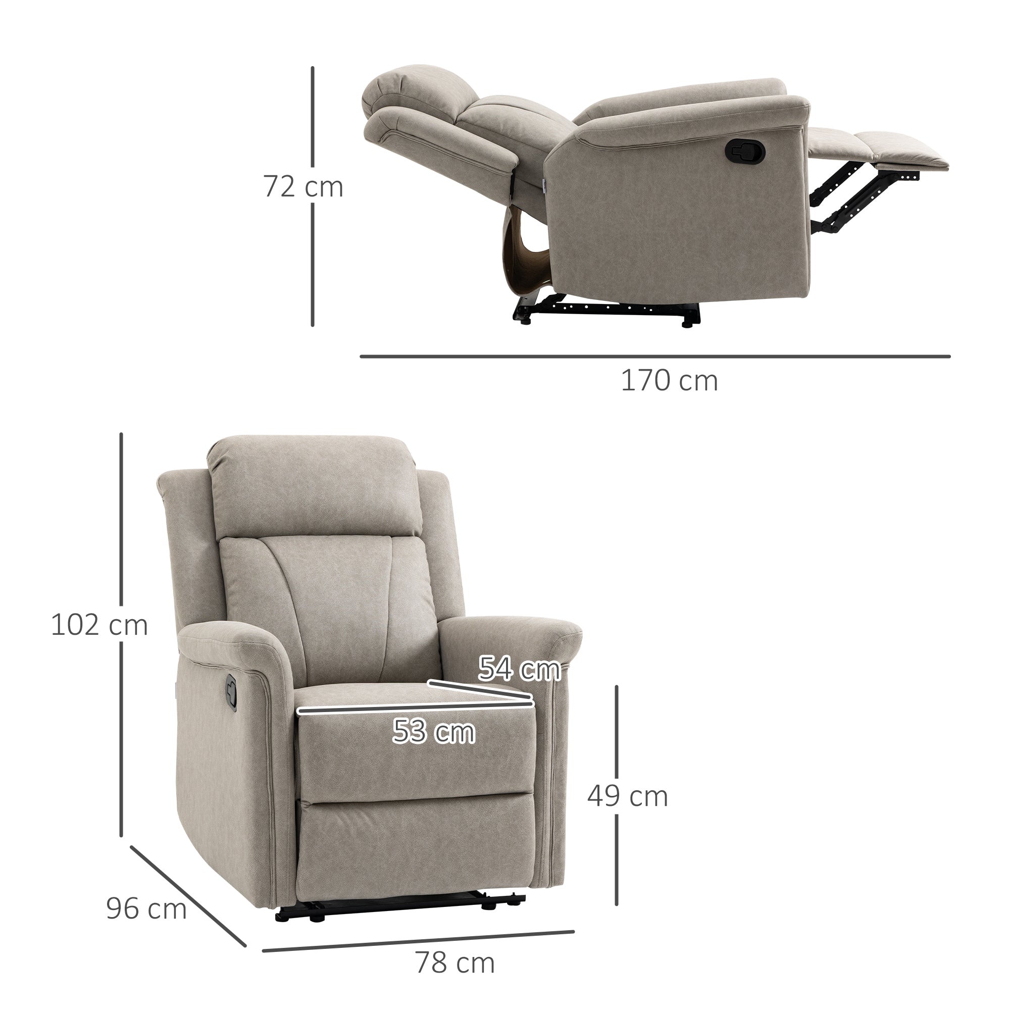 Fauteuil de relaxation inclinable 135° manuellement tissu en microfibre avec repose-pied gris