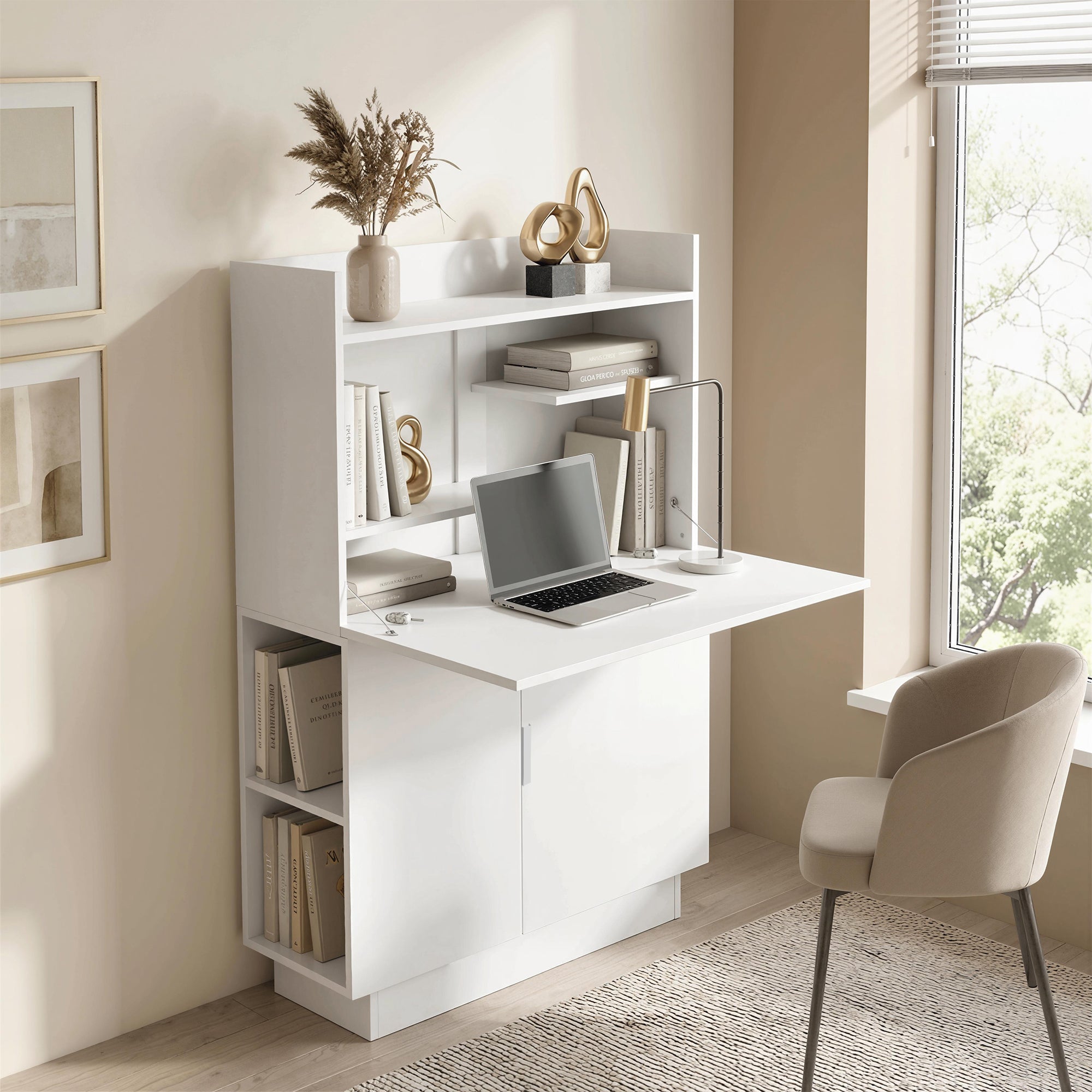 Bureau Pliant, Bureau Informatique avec Plateau Rabattable, Étagères de Rangement et Placard, Style Moderne, 80 x 30 x 128 cm, Blanc