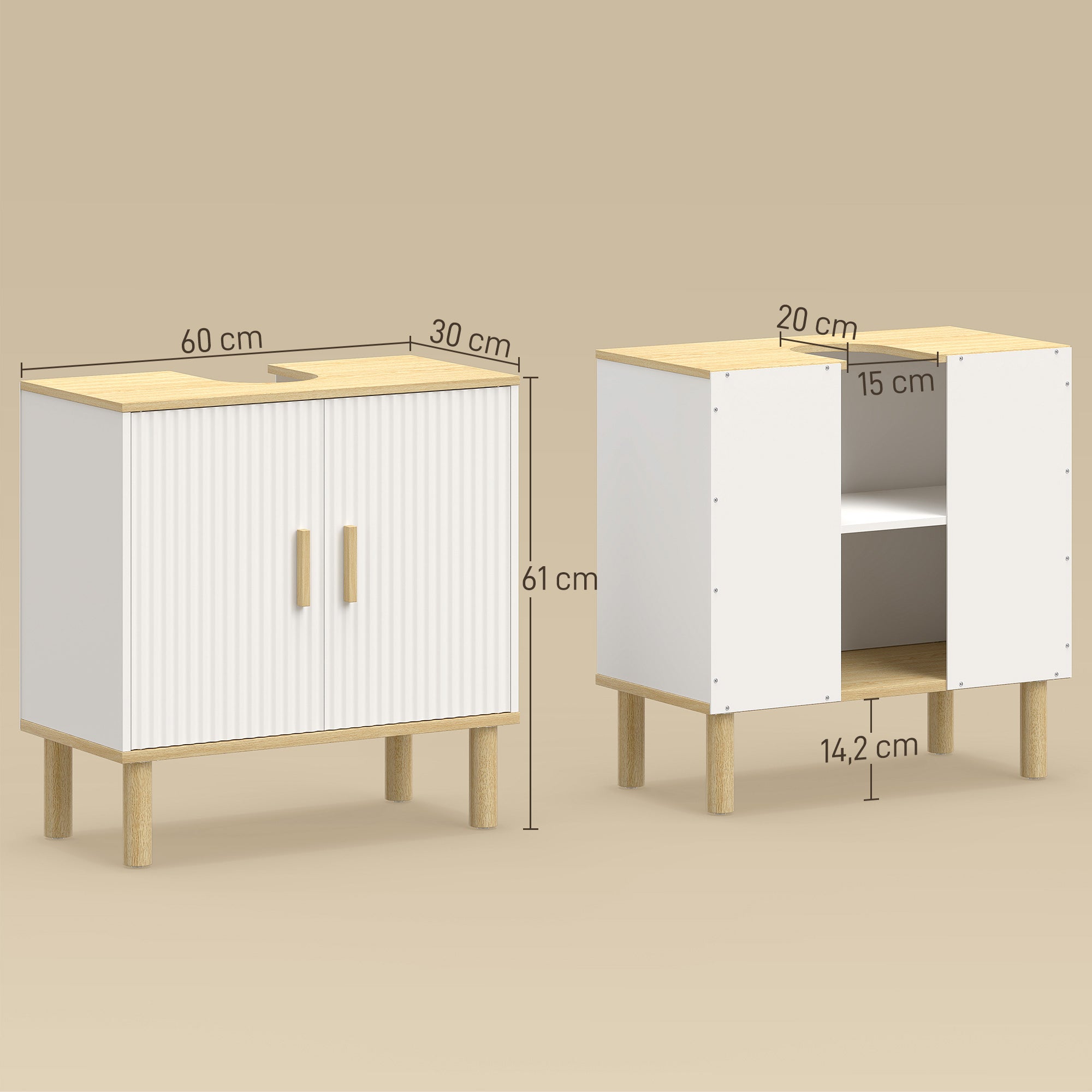 Meuble sous lavabo, meuble de salle de bain avec 2 portes et étagère réglable, armoire de salle de bains sous lavabo, style moderne, 60 x 30 x 61 cm, blanc