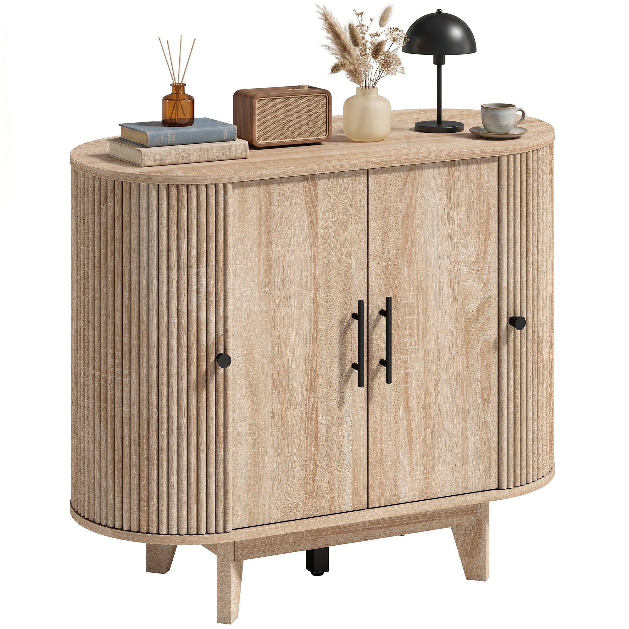 Buffet salon, meuble de rangement ovale avec 4 portes et étagères réglables, 5 pieds stables, style moderne, buffet salle à manger et cuisine, 90 x 40 x 76 cm, chêne