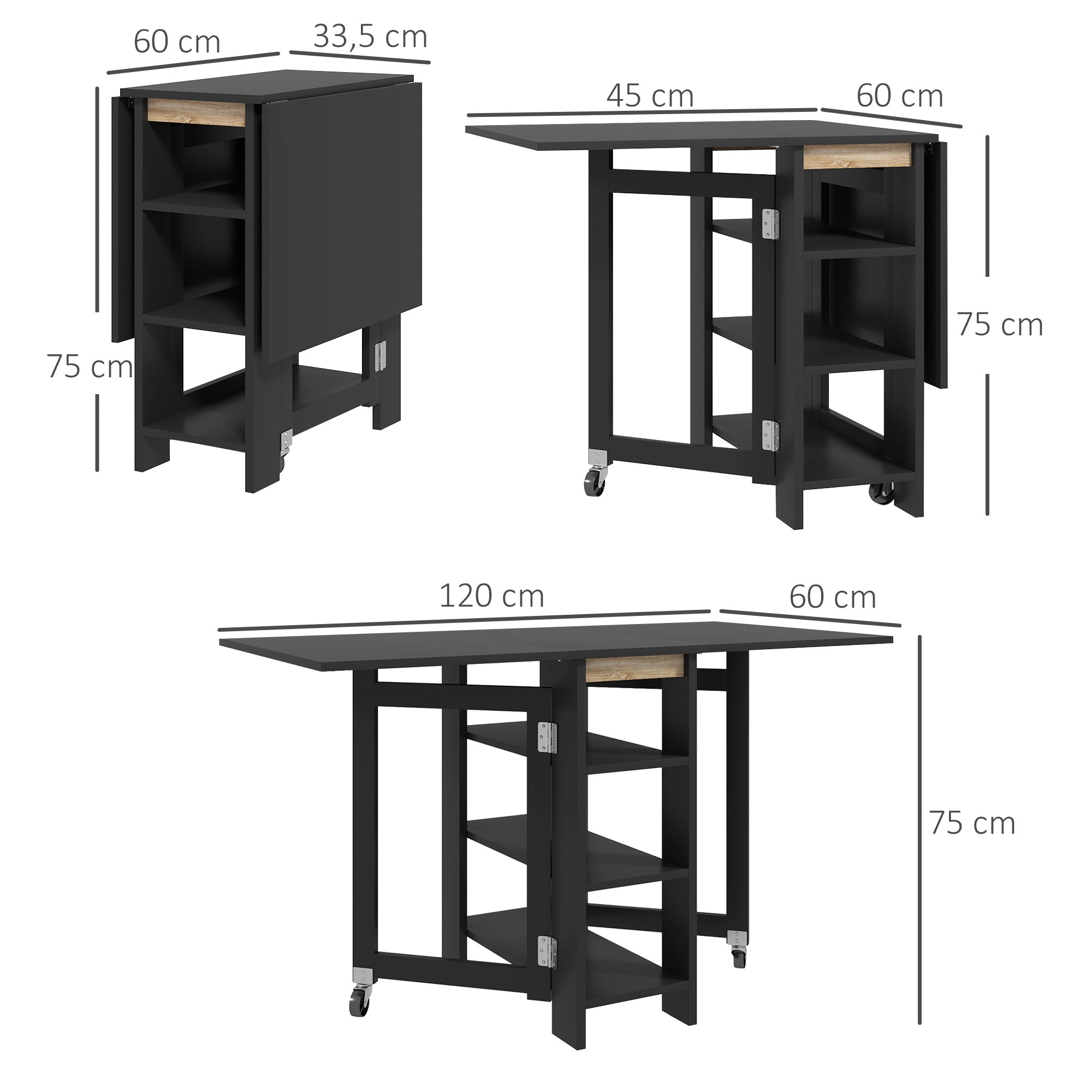 Table à manger pliable, table pliante cuisine, sur roulettes, avec 2 abattants et 3 étagères, design moderne, table de cuisine pour petits espaces, 120 x 60 x 75 cm, noir