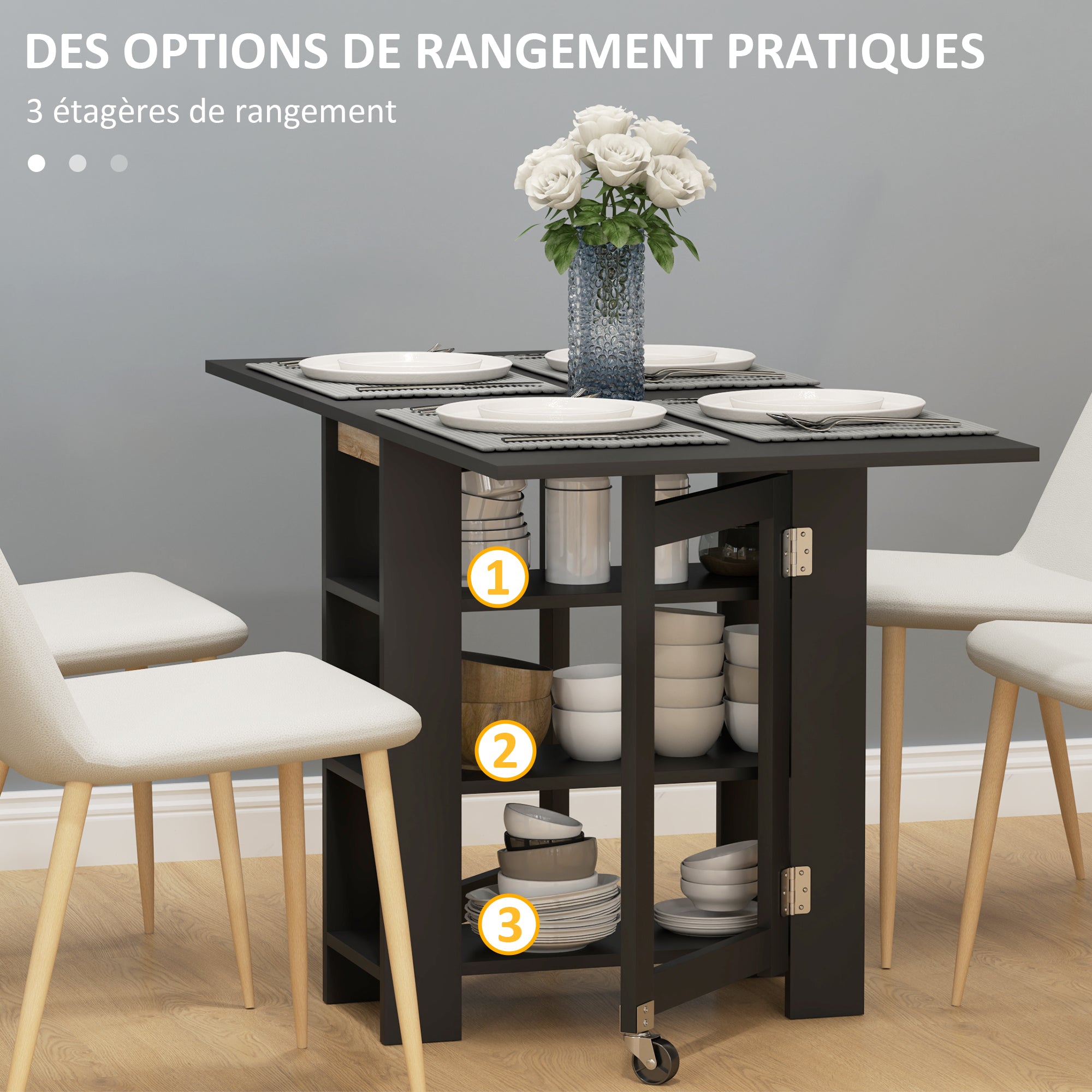 Table à manger pliable, table pliante cuisine, sur roulettes, avec 2 abattants et 3 étagères, design moderne, table de cuisine pour petits espaces, 120 x 60 x 75 cm, noir