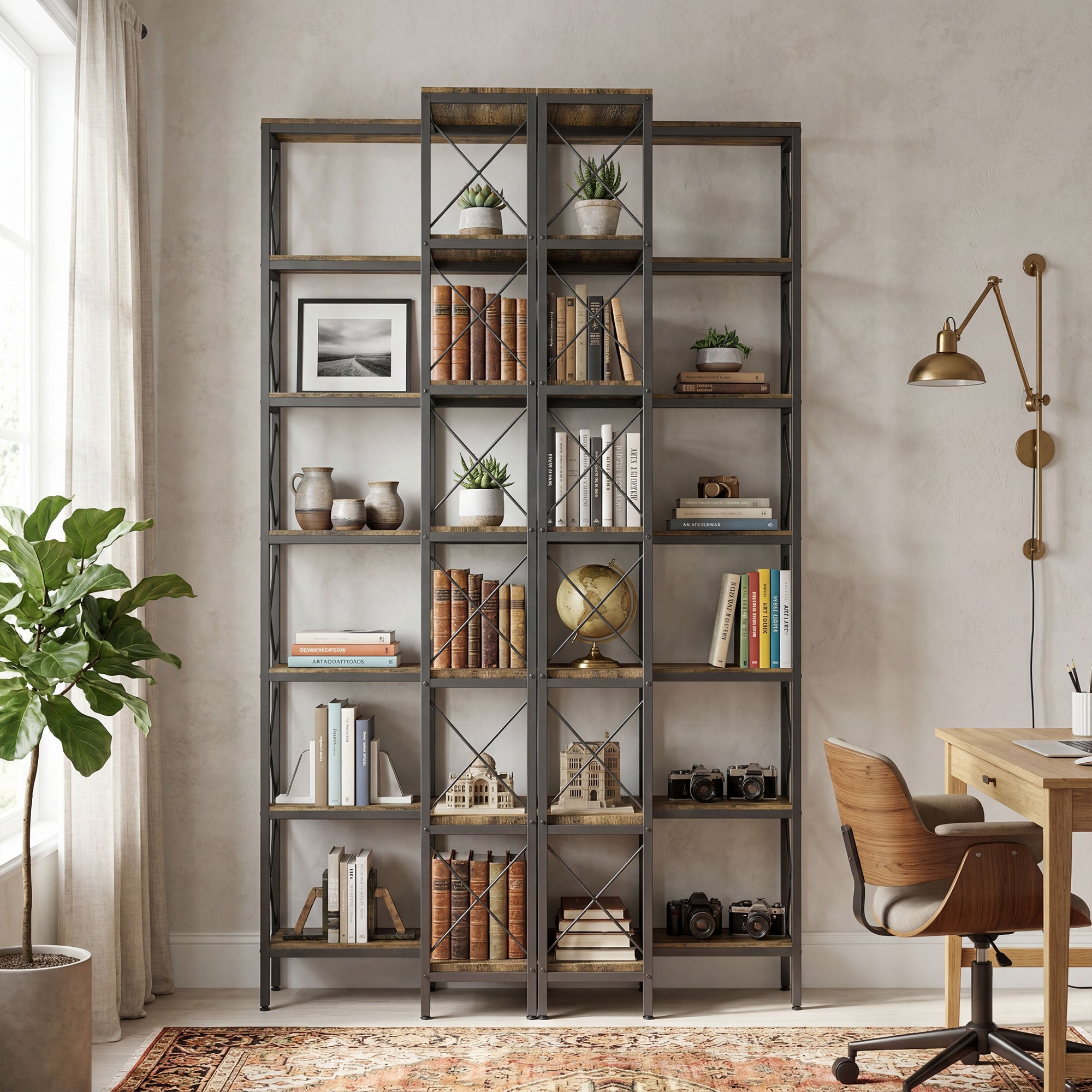 Bibliothèque d'angle à 6 niveaux, étagère à livres, meuble de rangement industriel pour salon, chambre, bureau, cadre en métal, 60 x 60 x 200 cm, brun rustique