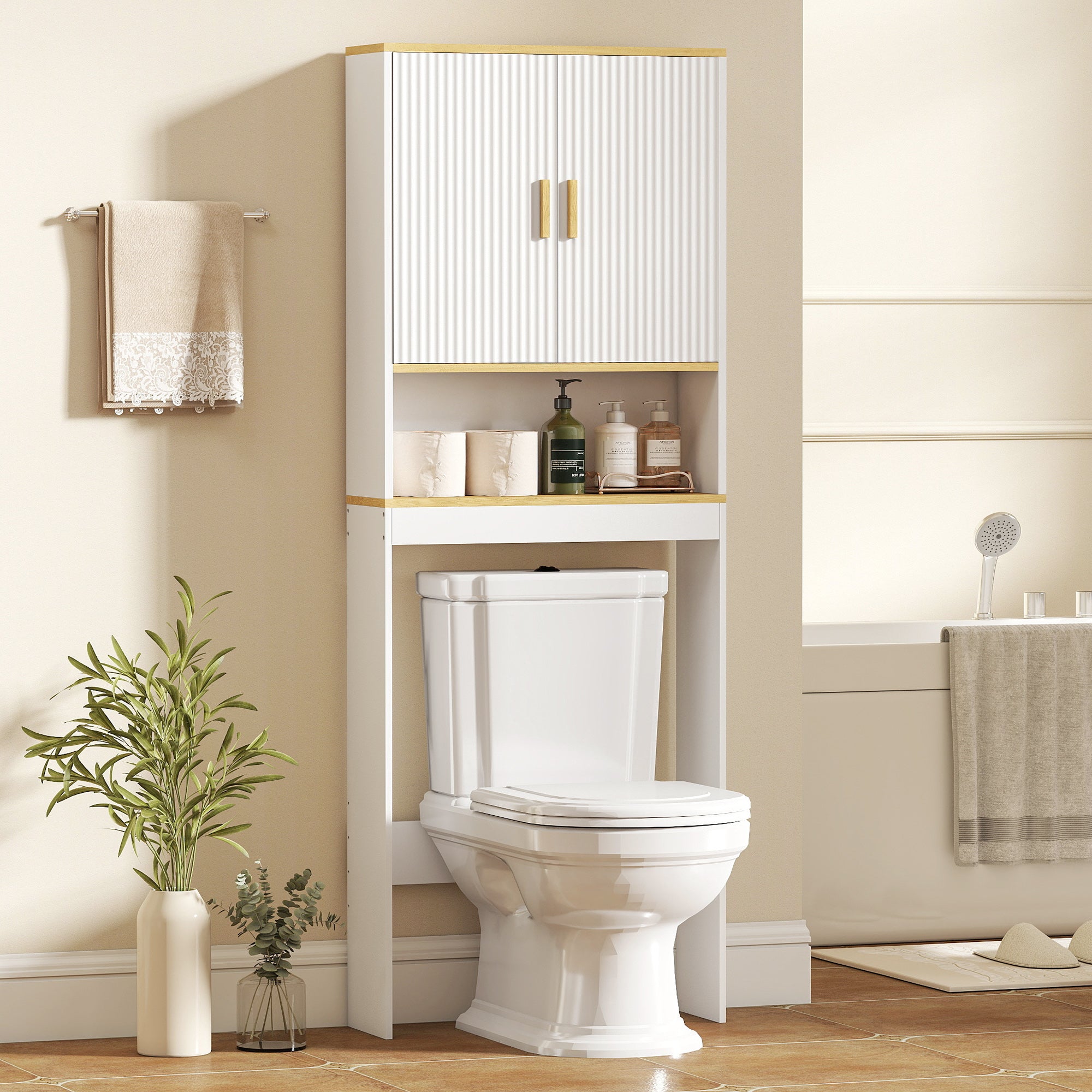 Meuble WC rangement au-dessus des toilettes à 3 niveaux, étagère de toilettes avec étagères réglables, meuble de salle de bain, 64 x 20 x 170,5 cm, blanc et chêne
