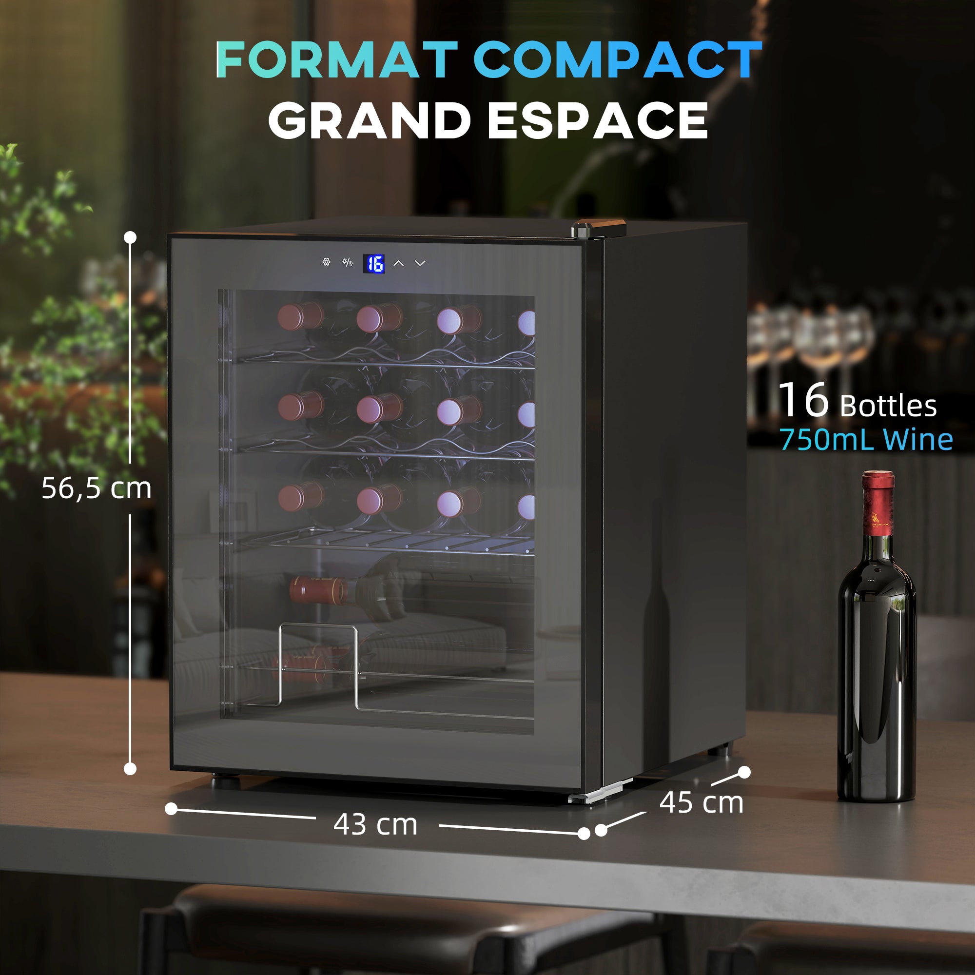 Cave à Vin 16 Bouteilles 42L, Réfrigérateur à Vin et Boissons avec Température Réglable 5-18°C, Porte en Verre Trempé, Étagères Ajustables, Écran Tactile, Éclairage LED, Noir