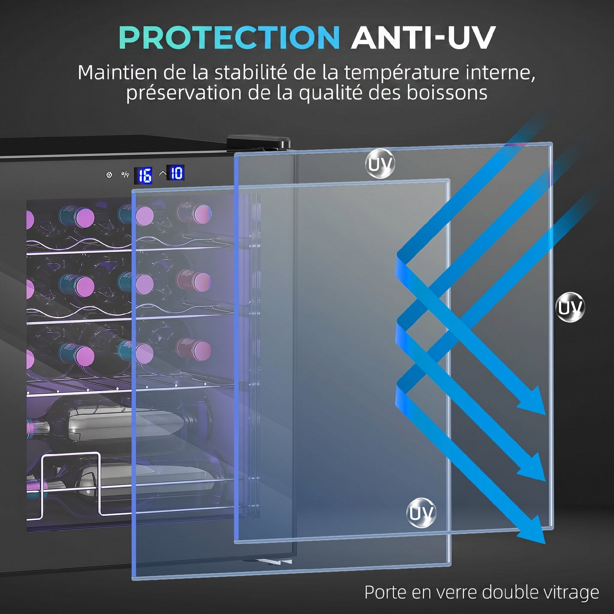 Cave à Vin 16 Bouteilles 42L, Réfrigérateur à Vin et Boissons avec Température Réglable 5-18°C, Porte en Verre Trempé, Étagères Ajustables, Écran Tactile, Éclairage LED, Noir