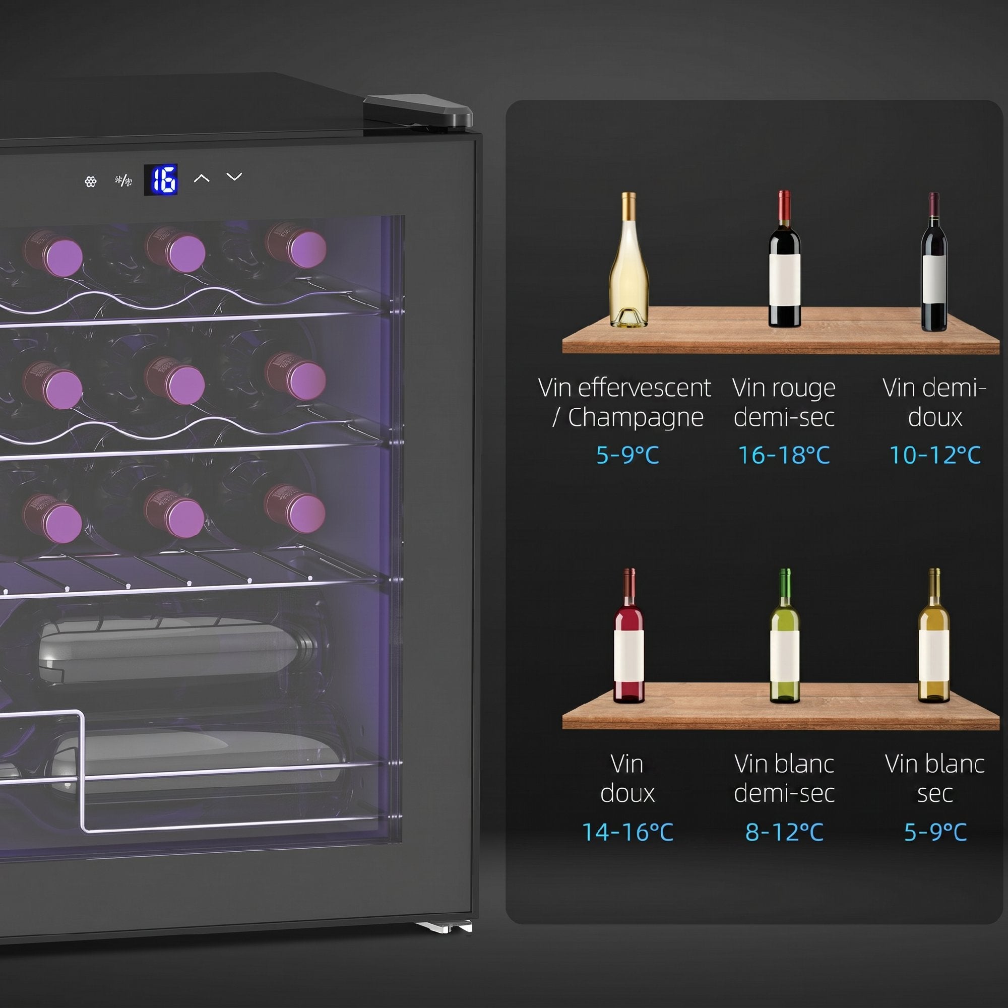 Cave à Vin 16 Bouteilles 42L, Réfrigérateur à Vin et Boissons avec Température Réglable 5-18°C, Porte en Verre Trempé, Étagères Ajustables, Écran Tactile, Éclairage LED, Noir