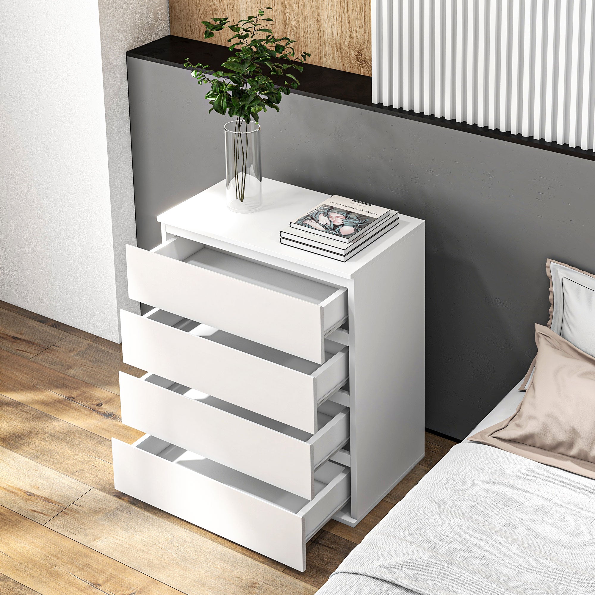 Commode 4 tiroirs commode chambre meuble de rangement épuré style moderne avec mécanisme de fermeture en douceur, pour chambre à coucher, salon - 60 x 40 x 80 cm, blanc