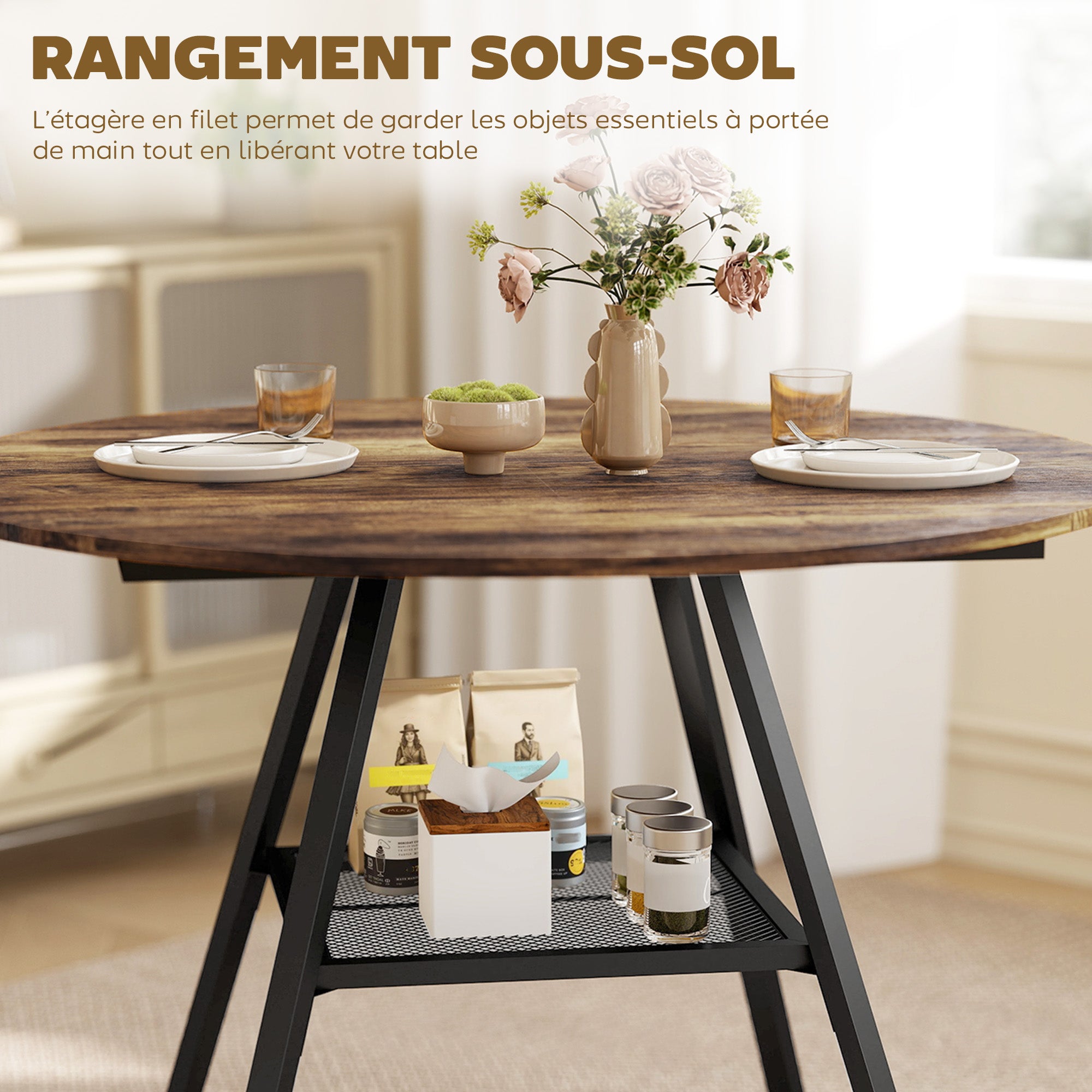 Table à manger ronde pour 4 personnes, Ø 100 x 76 cm, table de cuisine industrielle avec large plateau et étagère de rangement, cadre en métal, brun rustique