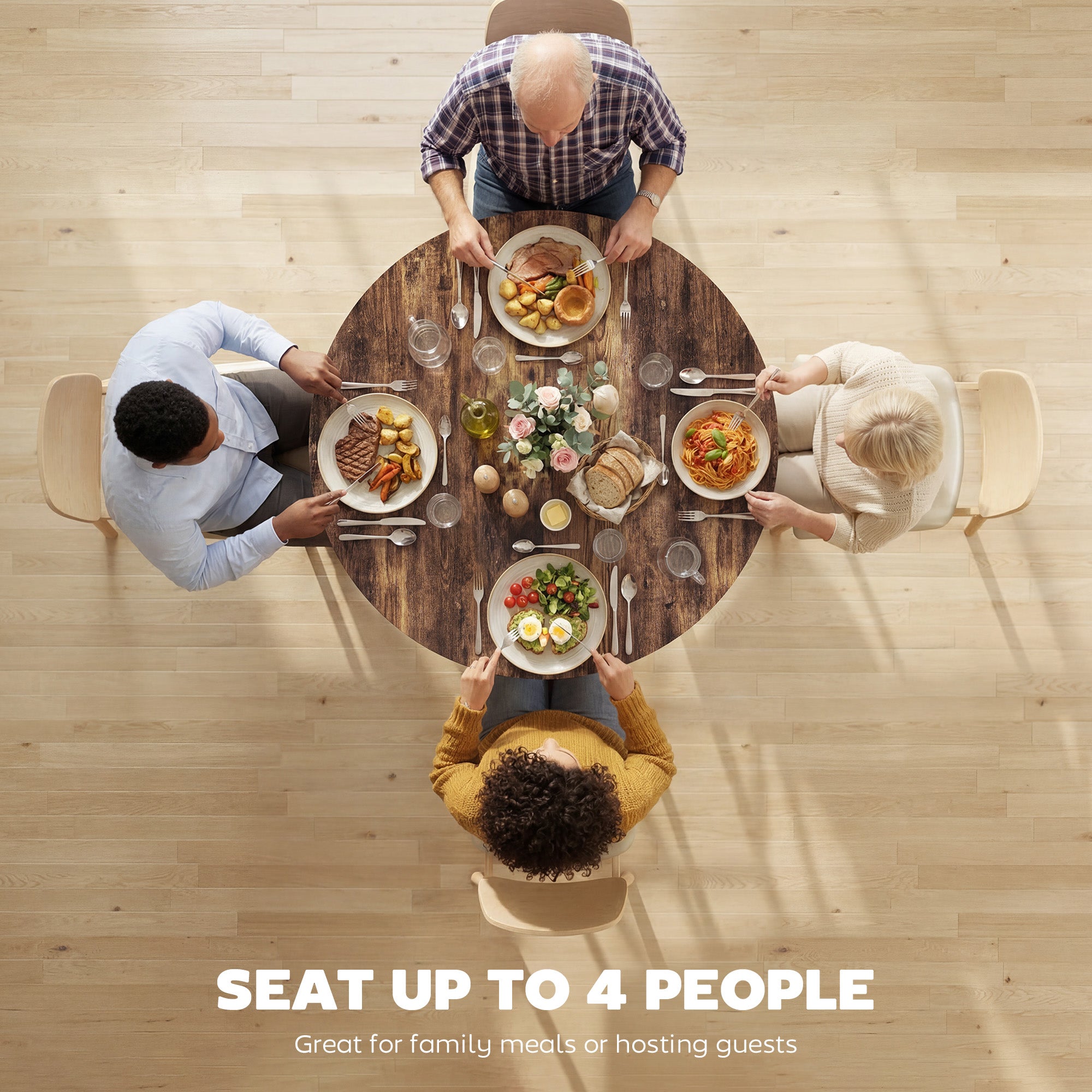 Table à manger ronde pour 4 personnes, Ø 100 x 76 cm, table de cuisine industrielle avec large plateau et étagère de rangement, cadre en métal, brun rustique