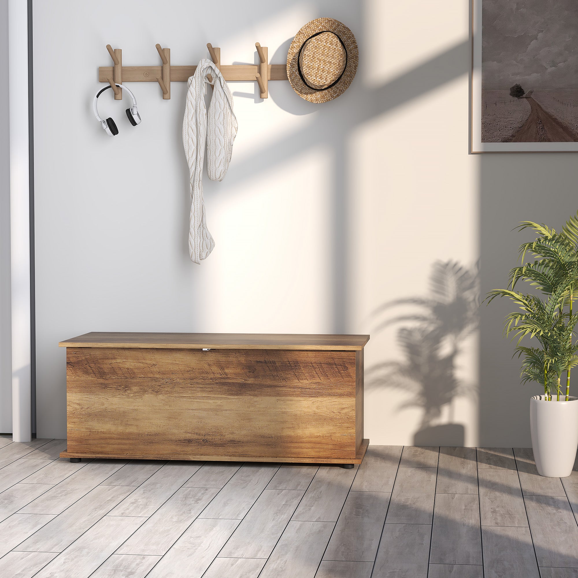 Coffre de rangement, banc de rangement avec couvercle rabattable et charnières de sécurité, banc chaussures, meuble d'entrée, couloir, chambre, salon, 100 x 40 x 40 cm, marron grain bois
