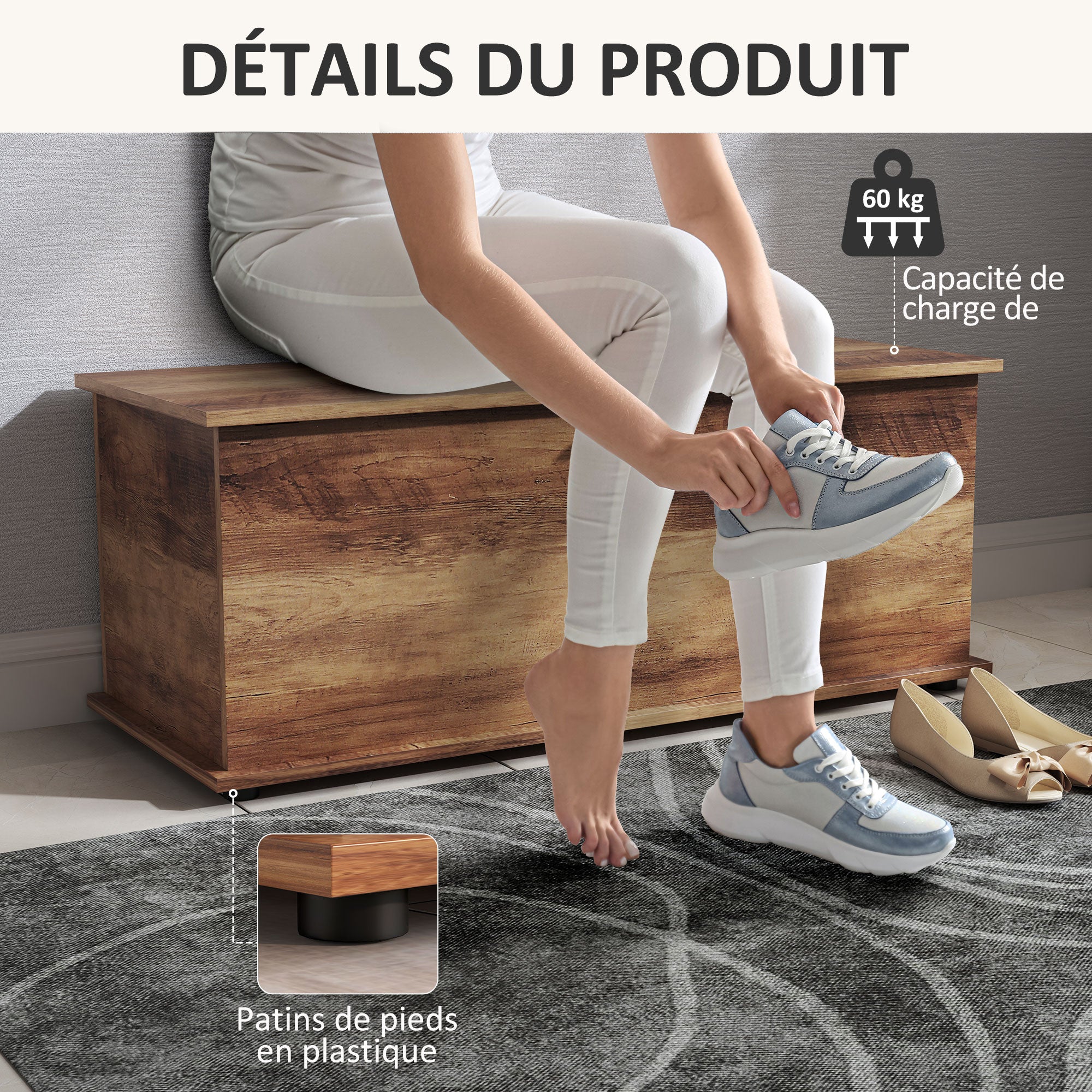 Coffre de rangement, banc de rangement avec couvercle rabattable et charnières de sécurité, banc chaussures, meuble d'entrée, couloir, chambre, salon, 100 x 40 x 40 cm, marron grain bois