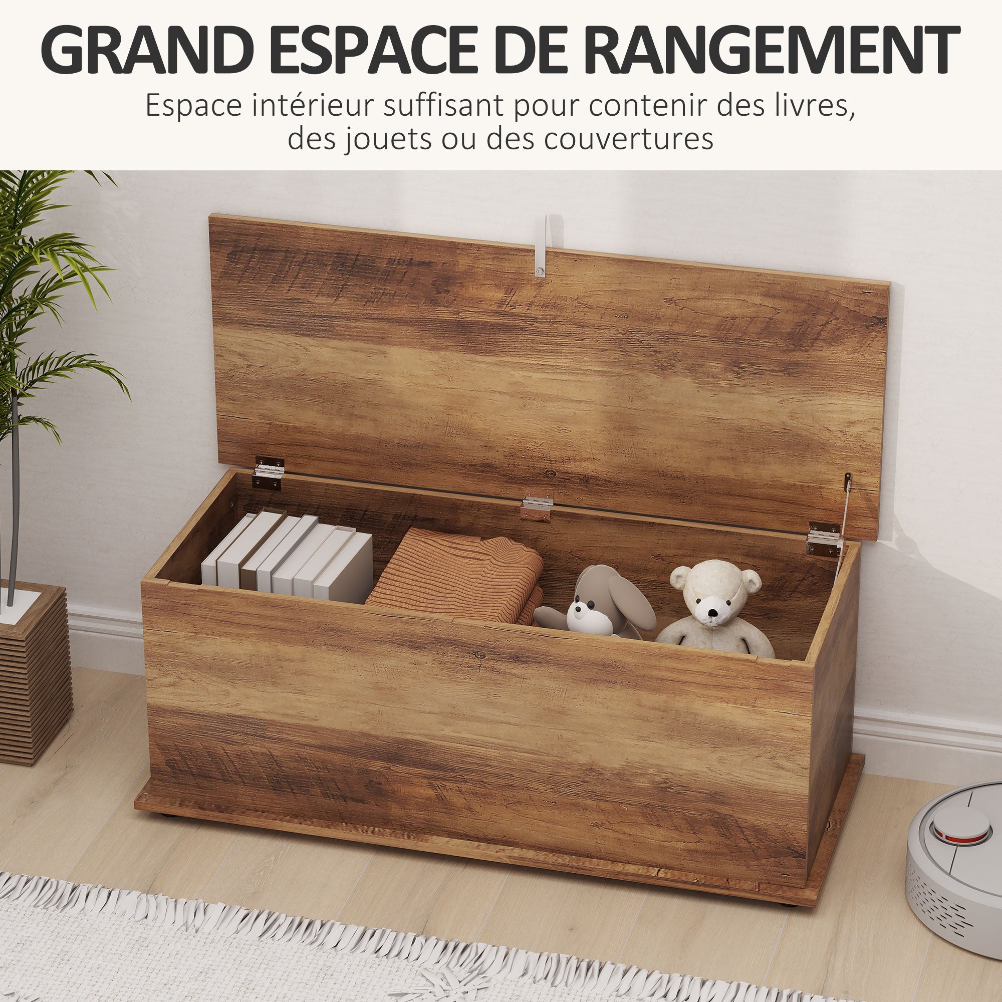 Coffre de rangement, banc de rangement avec couvercle rabattable et charnières de sécurité, banc chaussures, meuble d'entrée, couloir, chambre, salon, 100 x 40 x 40 cm, marron grain bois