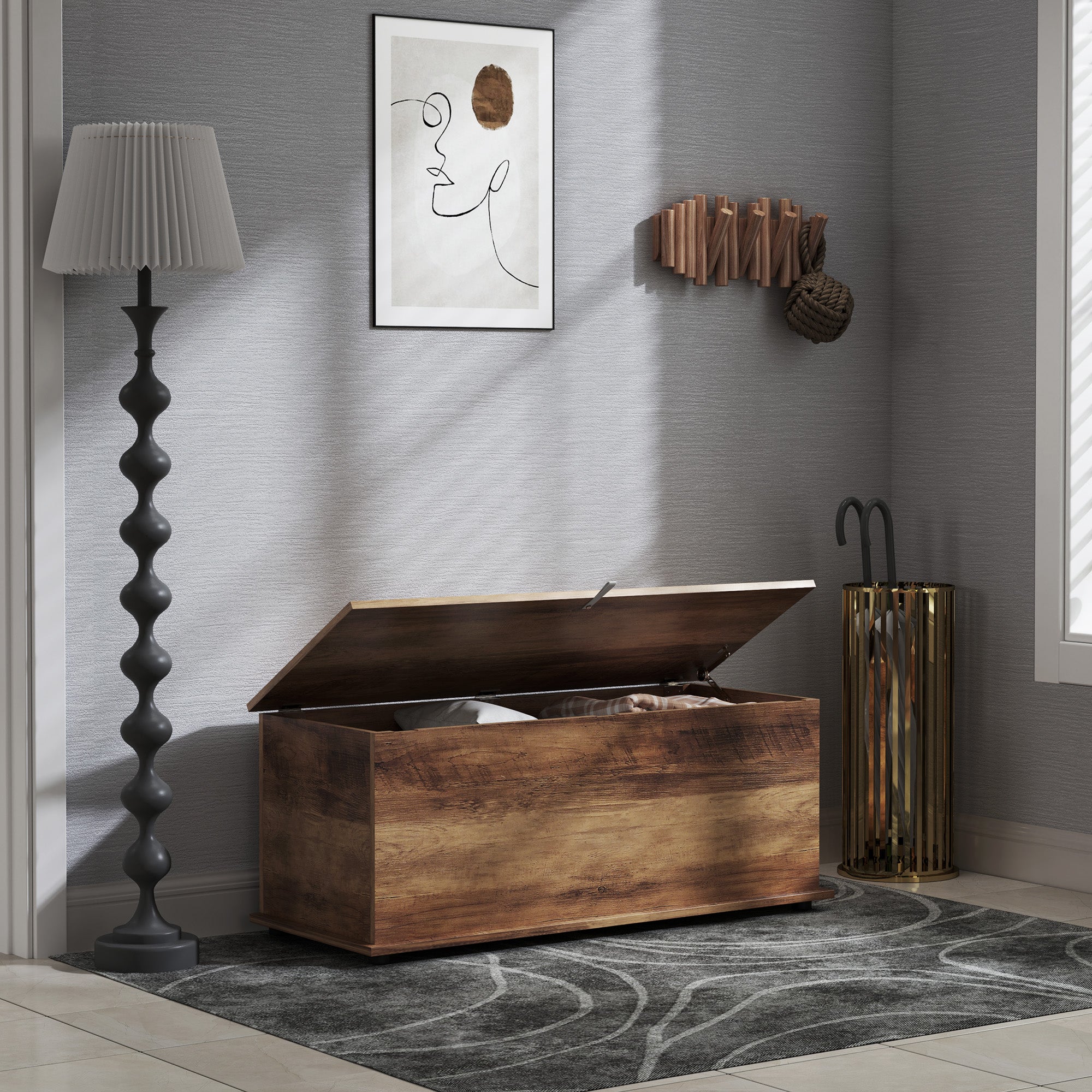 Coffre de rangement, banc de rangement avec couvercle rabattable et charnières de sécurité, banc chaussures, meuble d'entrée, couloir, chambre, salon, 100 x 40 x 40 cm, marron grain bois