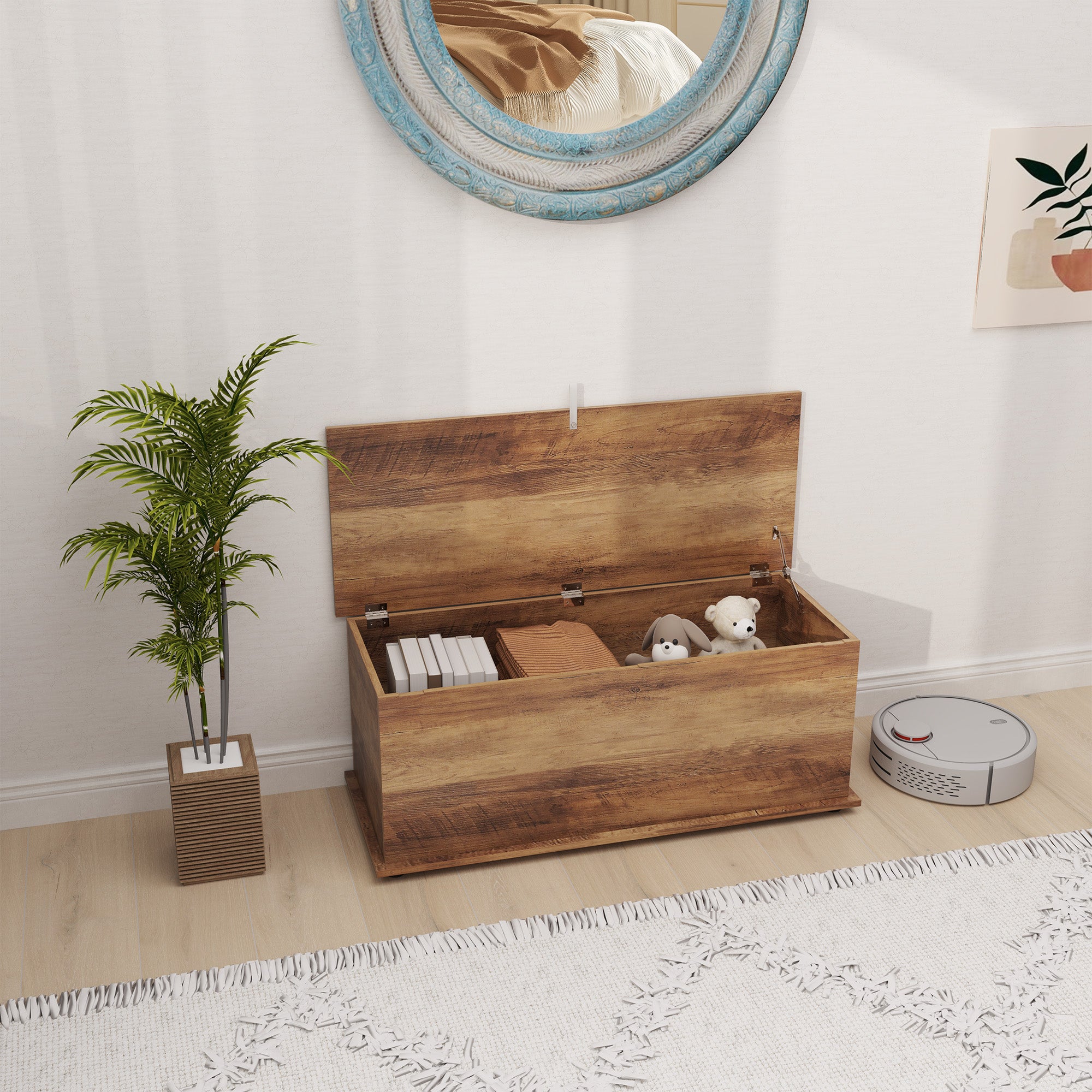 Coffre de rangement, banc de rangement avec couvercle rabattable et charnières de sécurité, banc chaussures, meuble d'entrée, couloir, chambre, salon, 100 x 40 x 40 cm, marron grain bois