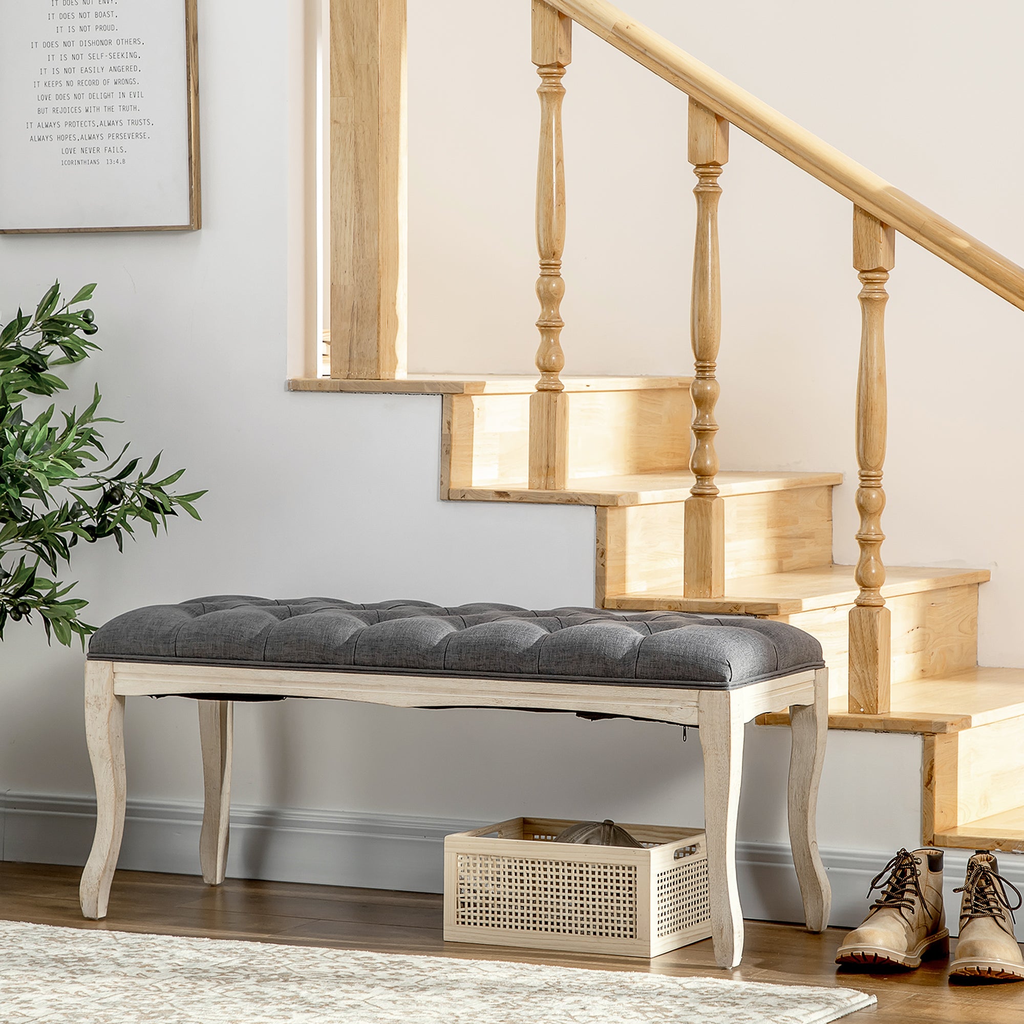 Banc Banquette capitonnée Style Classique 110 cm Bout de lit Rembourrée en lin piètement Bois hévéa sculpté Lin Gris