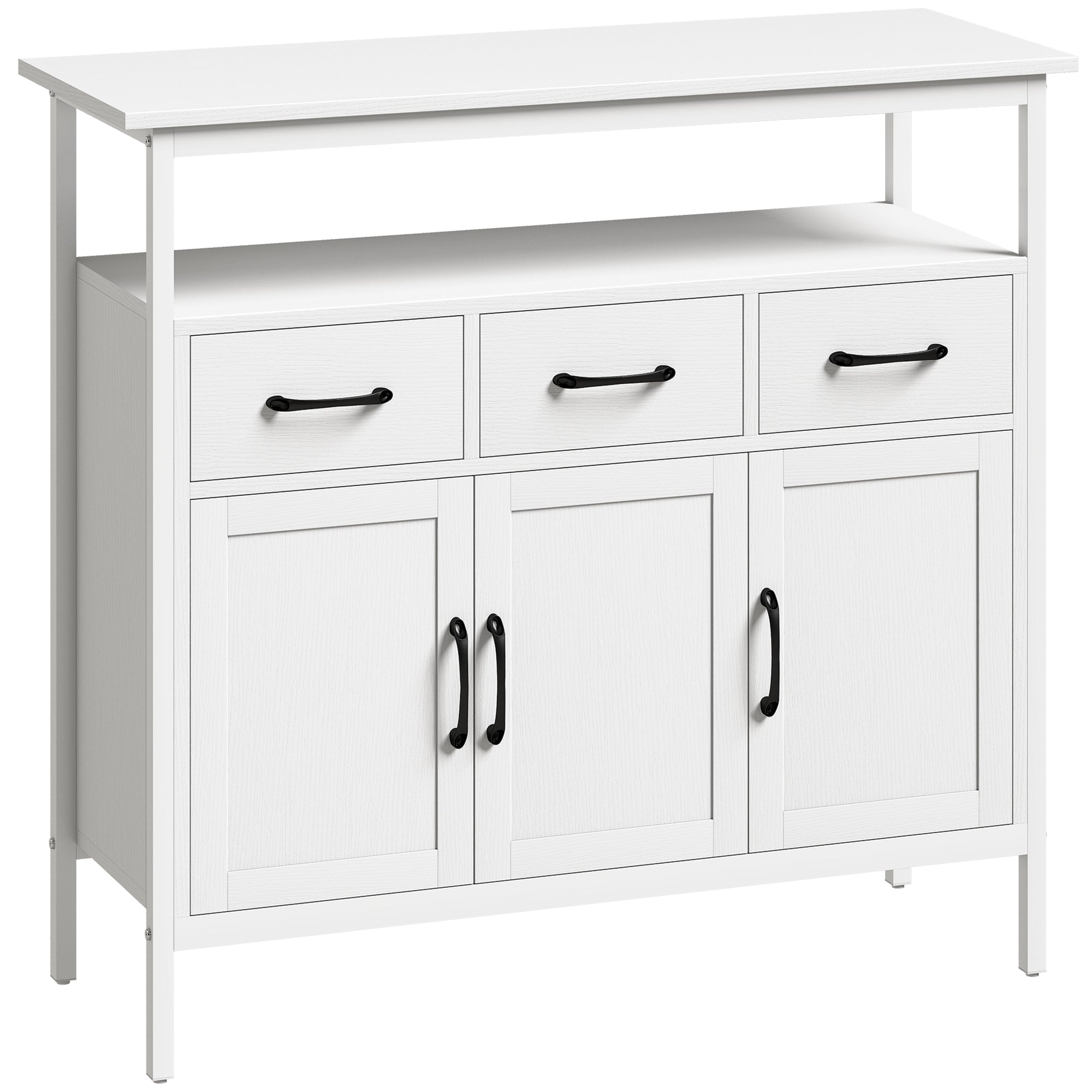 Buffet Cuisine, Meuble de Rangement avec 3 Portes, 3 Tiroirs, Compartiment Ouvert et Étagères Réglables, Style Moderne, pour Salon et Chambre, 95 x 35 x 88 cm, Blanc