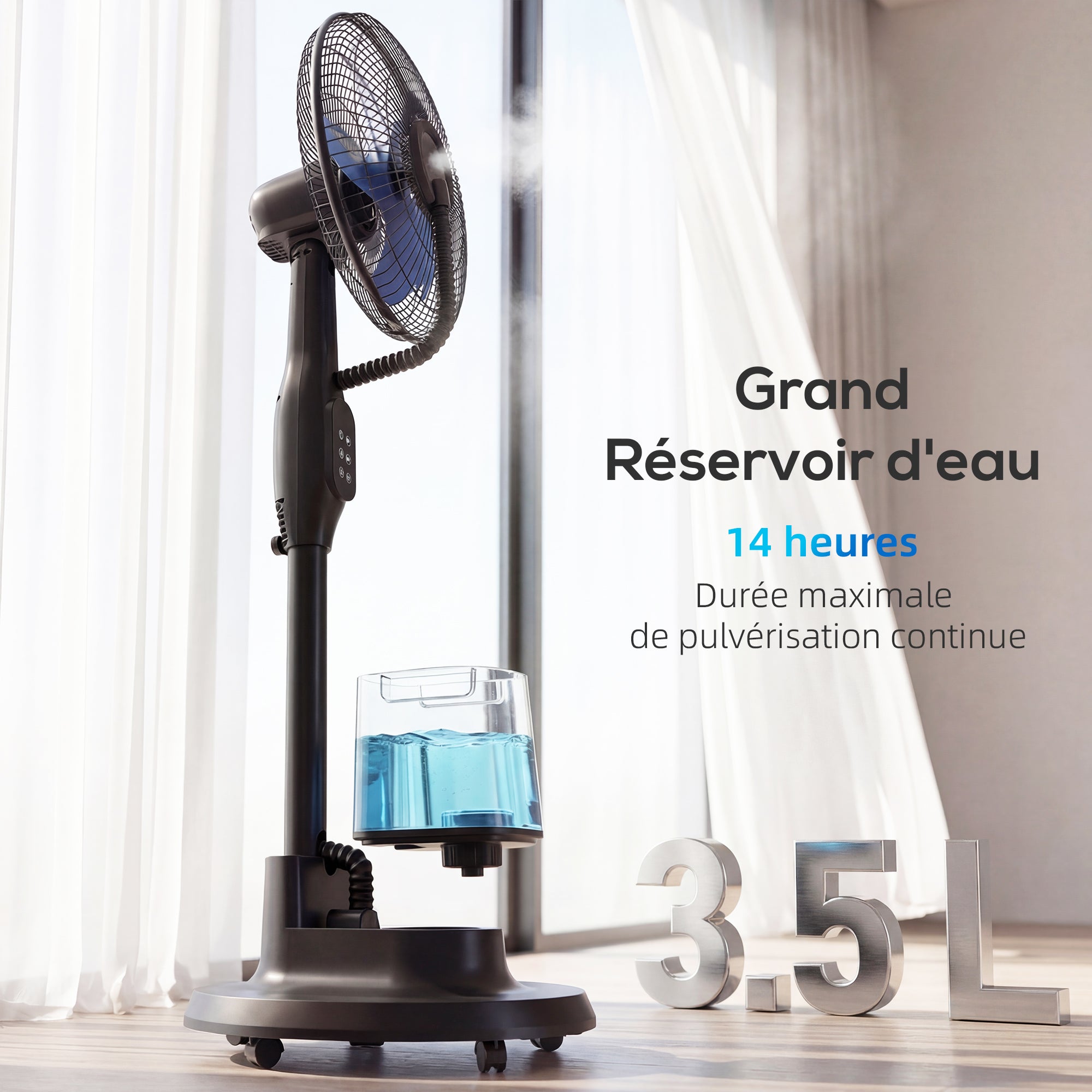 Ventilateur brumisateur silencieux 90 W, ventilateur sur pied 128 cm, oscillation 70°, 3 vitesses, 3 modes, réservoir d'eau 3,5 L, télécommande, minuterie 8 h, pour maison, bureau, noir