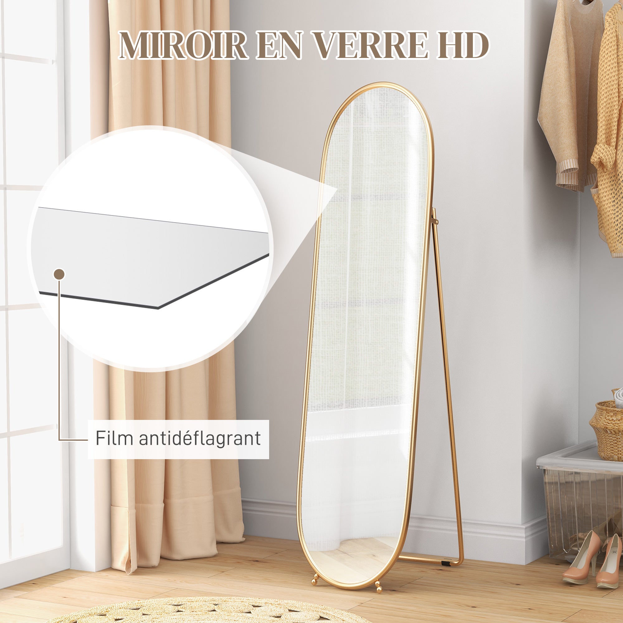 Grand miroir sur pied, miroir ovale, cadre en métal doré, avec support pour entrée, chambre, dressing, 40 x 160 cm