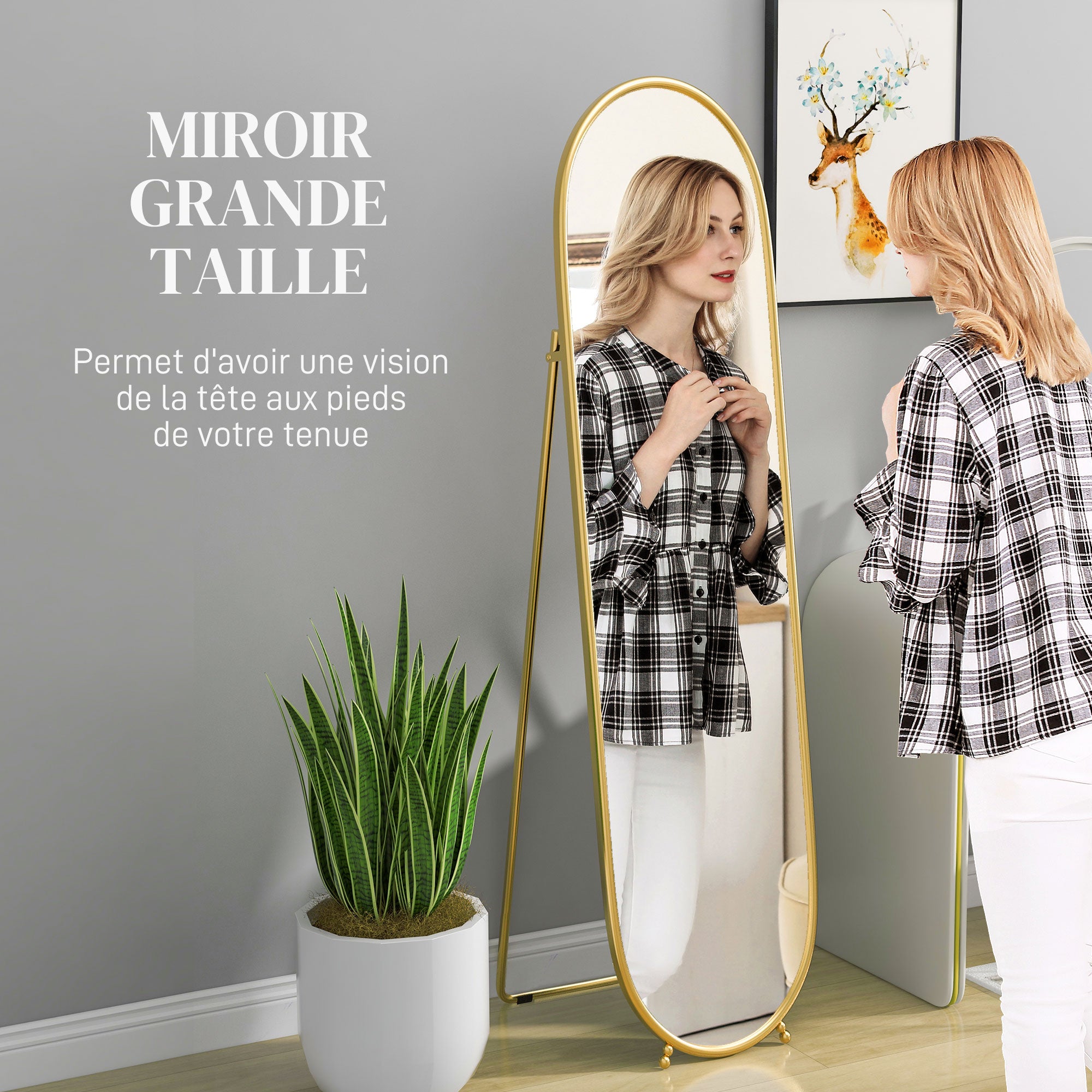 Grand miroir sur pied, miroir ovale, cadre en métal doré, avec support pour entrée, chambre, dressing, 40 x 160 cm