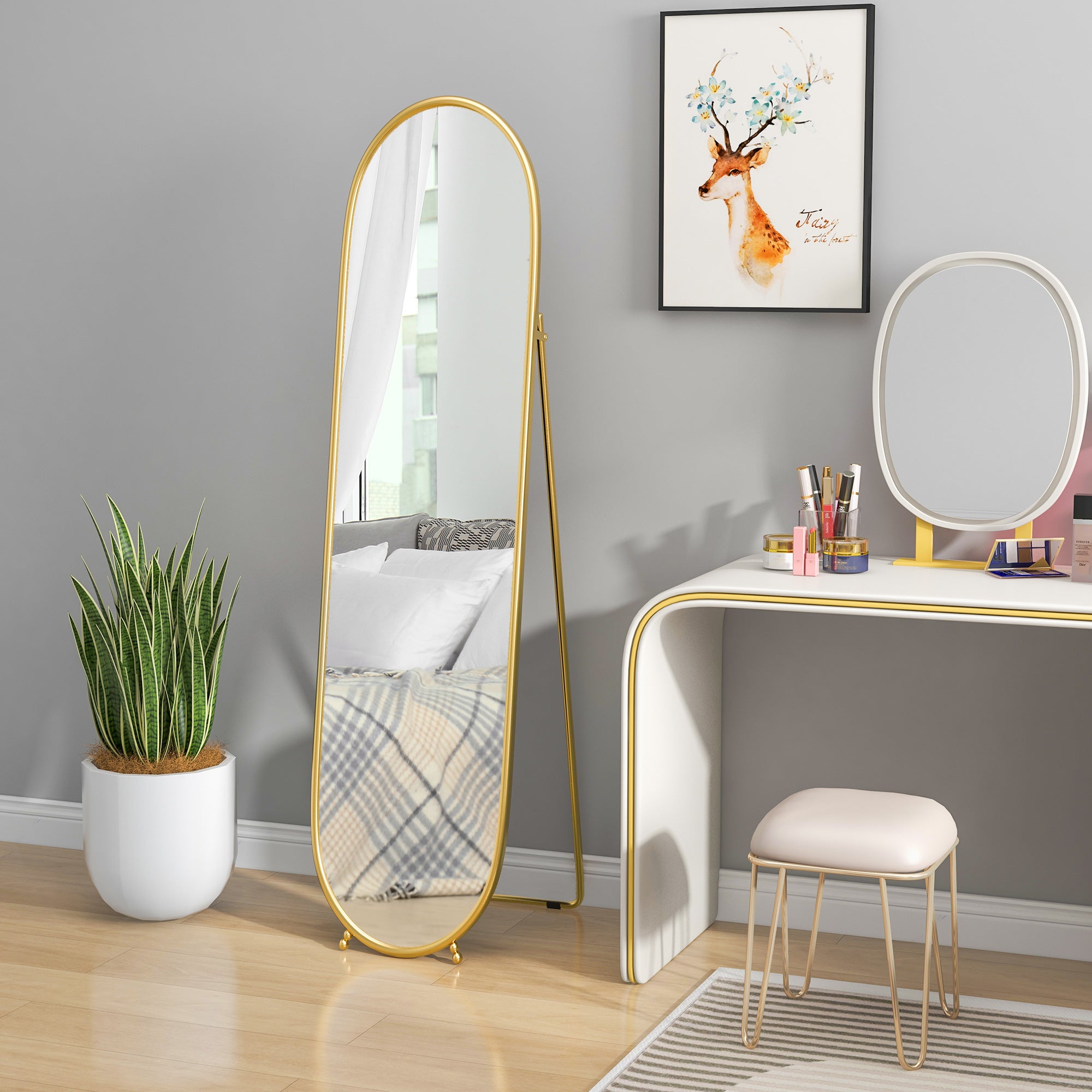 Grand miroir sur pied, miroir ovale, cadre en métal doré, avec support pour entrée, chambre, dressing, 40 x 160 cm