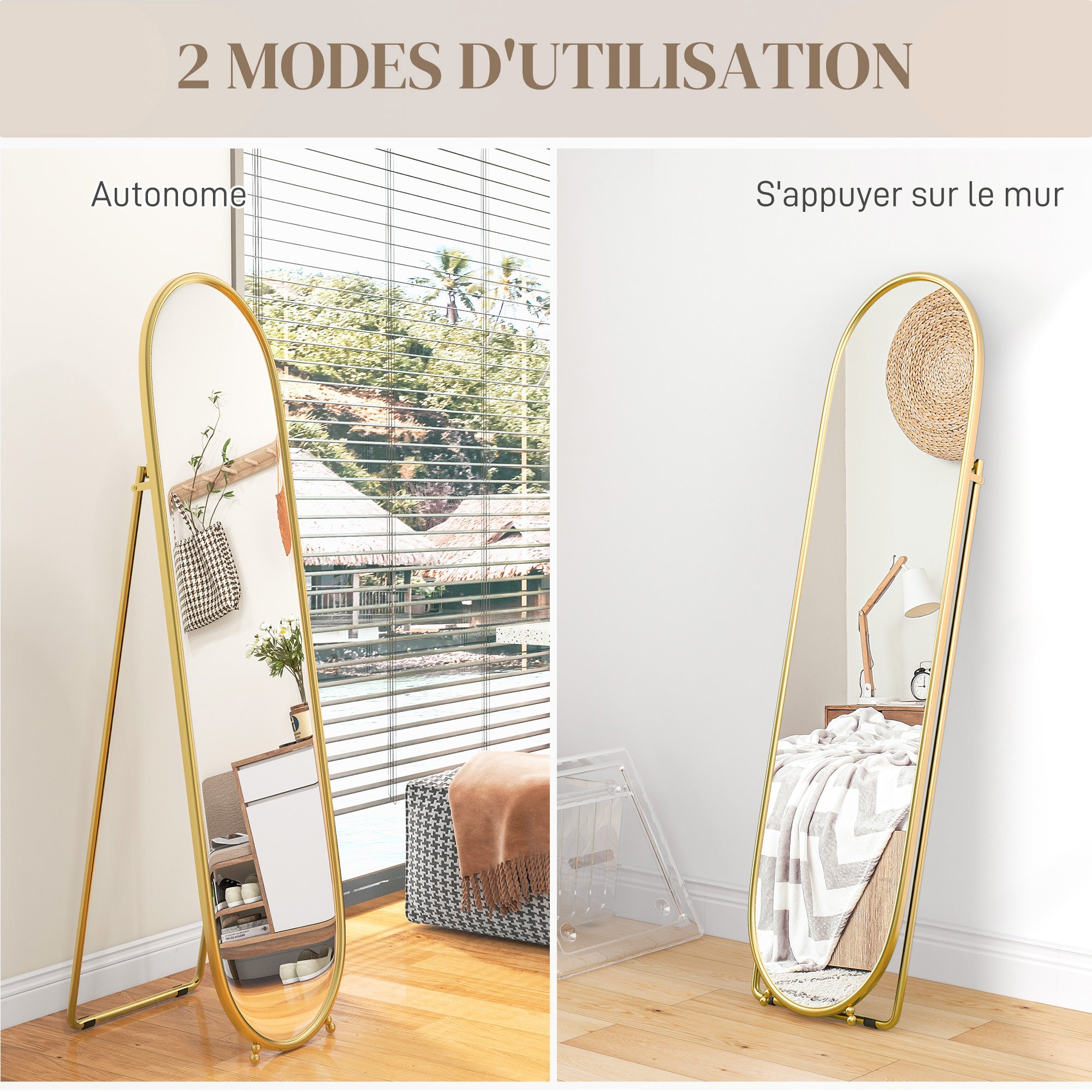 Grand miroir sur pied, miroir ovale, cadre en métal doré, avec support pour entrée, chambre, dressing, 40 x 160 cm