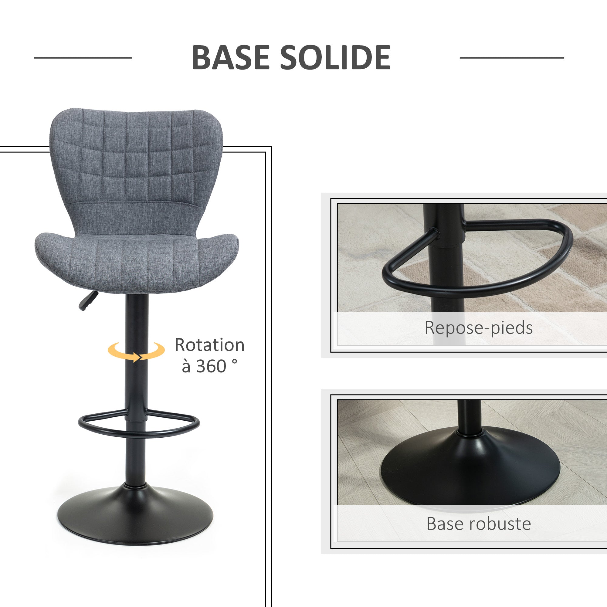Lot de 2 Tabouret de Bar Design Dossier incurvé capitonné Hauteur d'assise réglable 61-81 cm pivotant 360° Repose-Pied Velours Gris