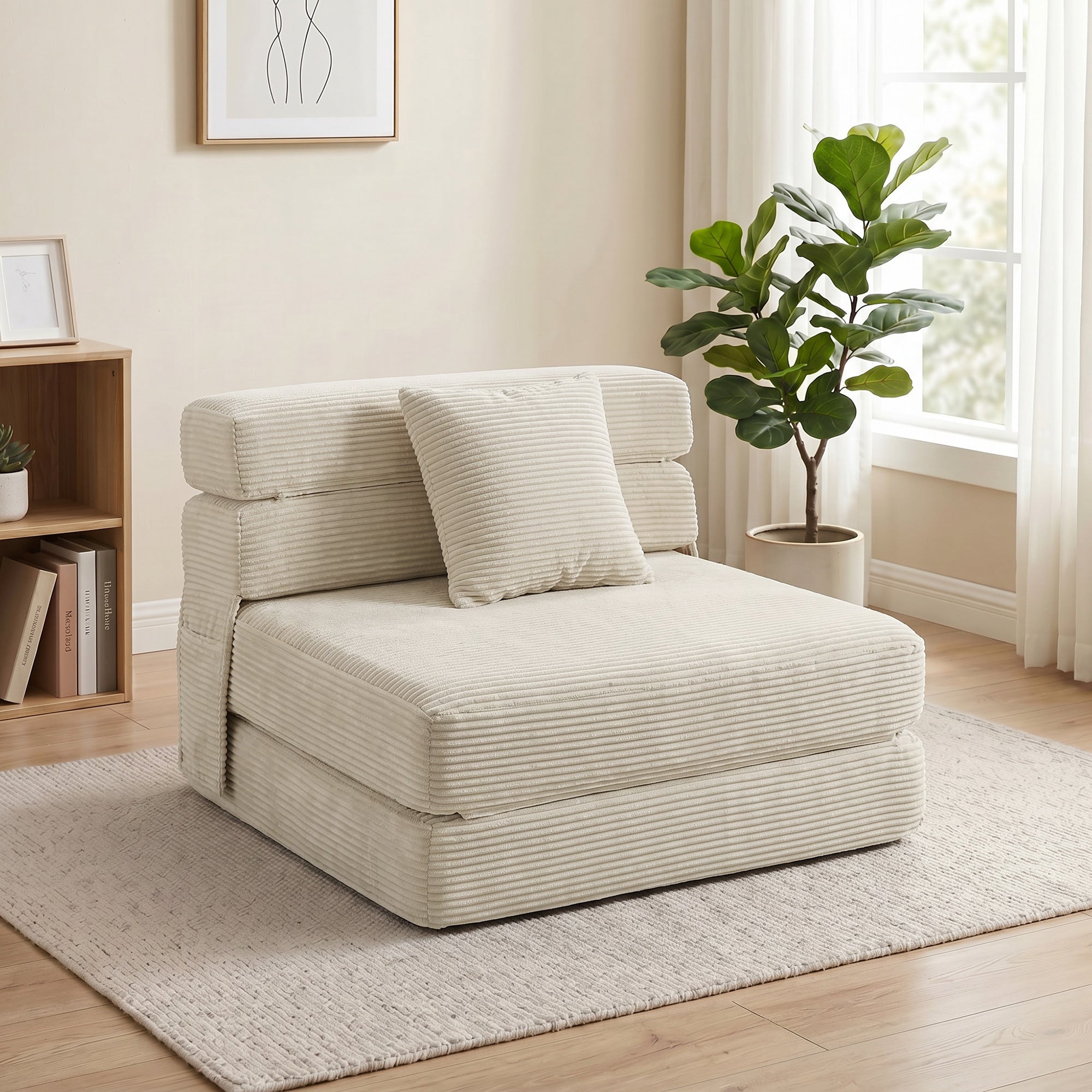 Canapé-Lit Pliant 2 en 1, Chauffeuse 1 Place Convertible Velours Côtelé, Matelas Pliable, Coussin Épais Dossier Oreiller Poches Latérales, Entièrement Compressé Aucun Assemblage Requis, Crème