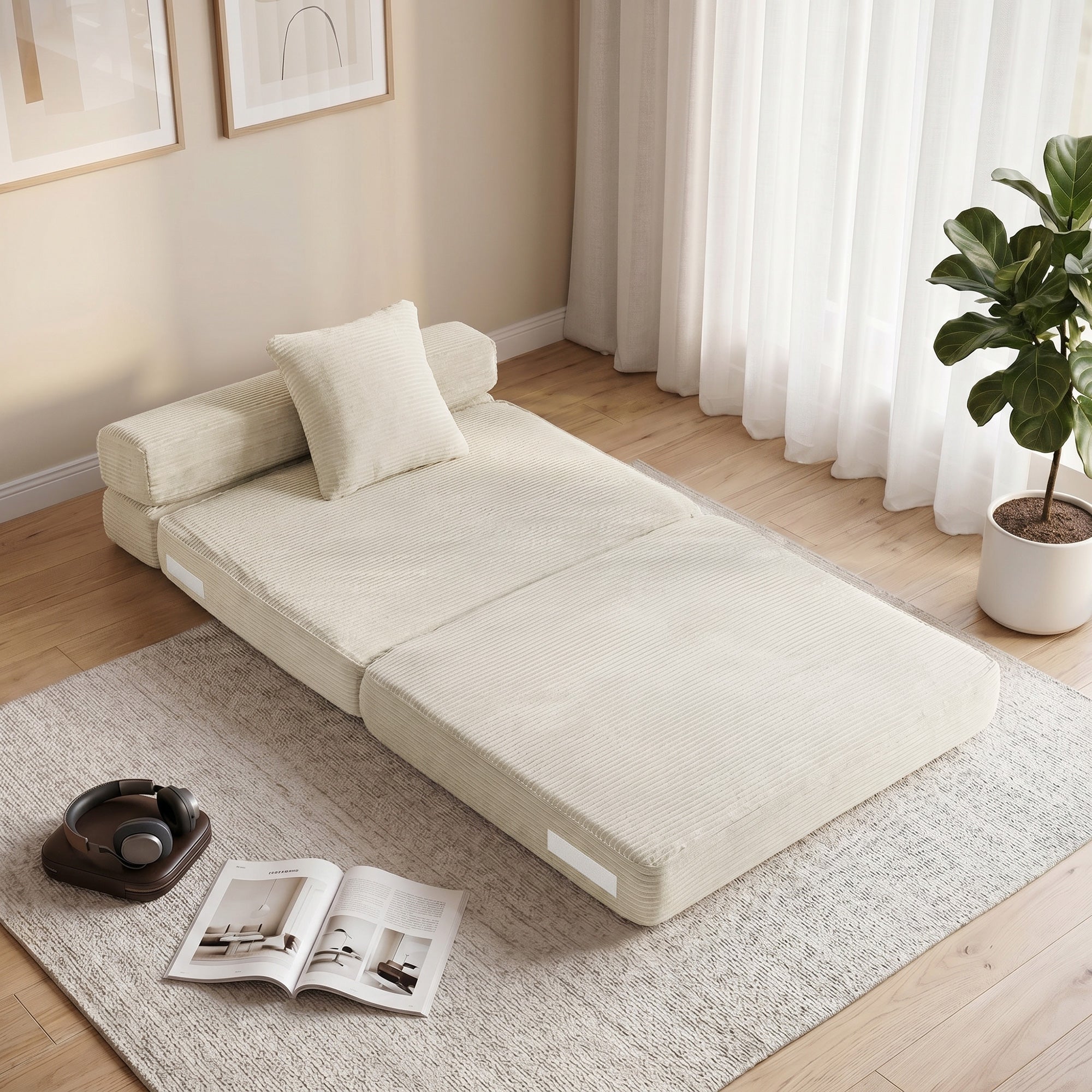 Canapé-Lit Pliant 2 en 1, Chauffeuse 1 Place Convertible Velours Côtelé, Matelas Pliable, Coussin Épais Dossier Oreiller Poches Latérales, Entièrement Compressé Aucun Assemblage Requis, Crème