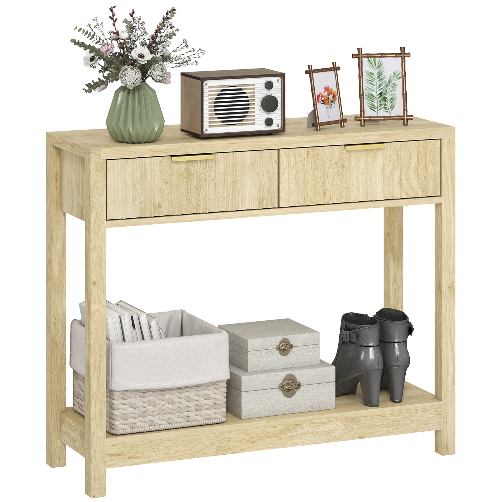 Console meuble 90 cm, table console étroite avec 2 tiroirs rainurés et étagère, style moderne, table d'entrée, couloir, salon, petits espaces, bois naturel