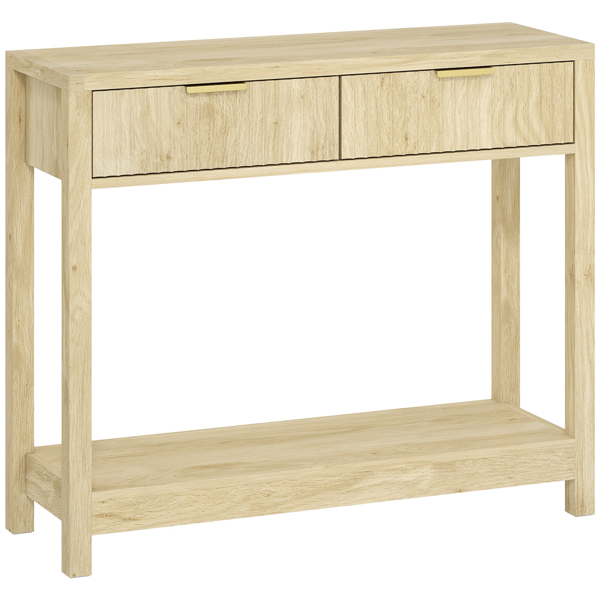 Console meuble 90 cm, table console étroite avec 2 tiroirs rainurés et étagère, style moderne, table d'entrée, couloir, salon, petits espaces, bois naturel