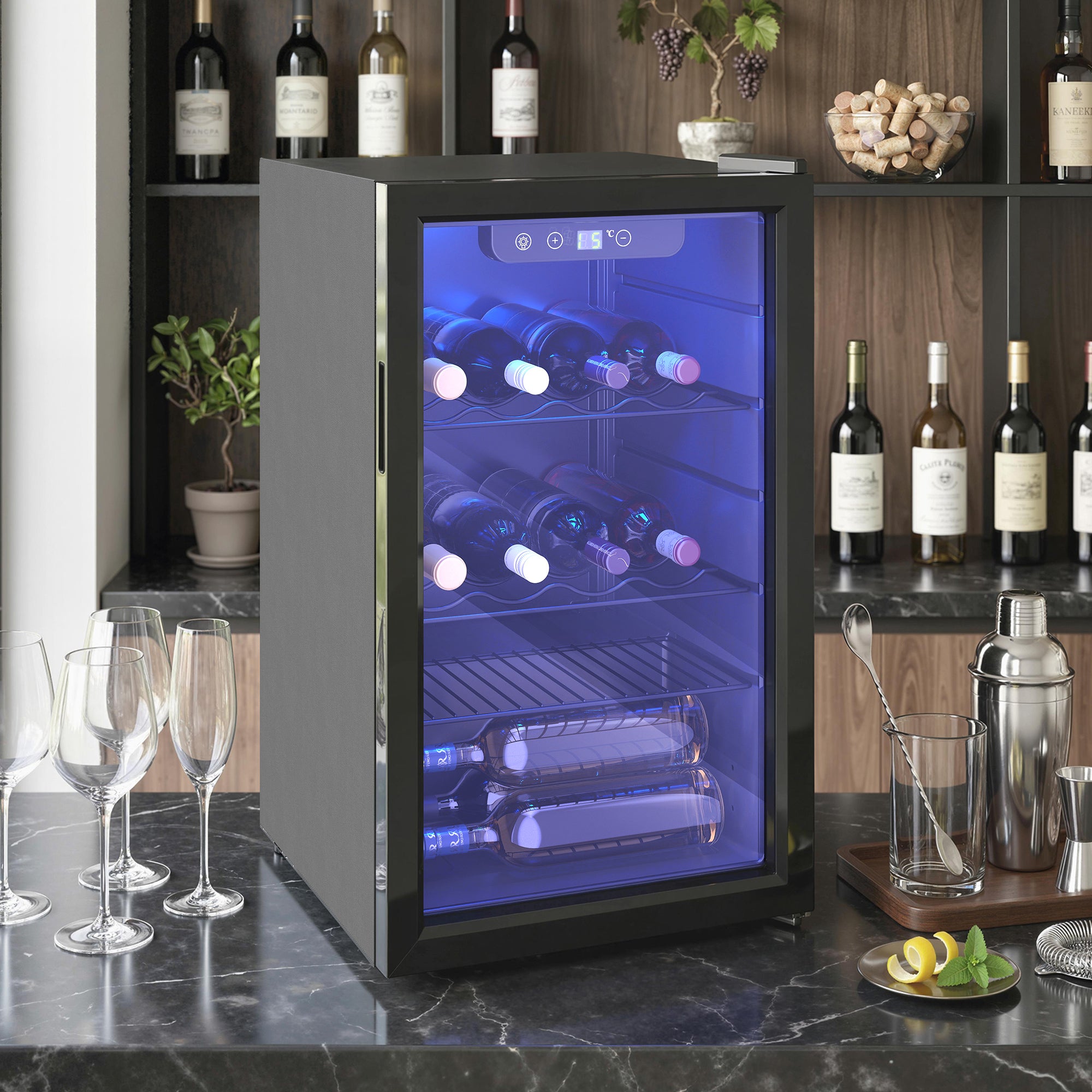 Cave à vin 24 bouteilles 68L, réfrigérateur à vin et boissons avec température réglable 4-16 °C, porte réversible en verre trempé double, éclairage LED, écran tactile et étagère amovible, noir