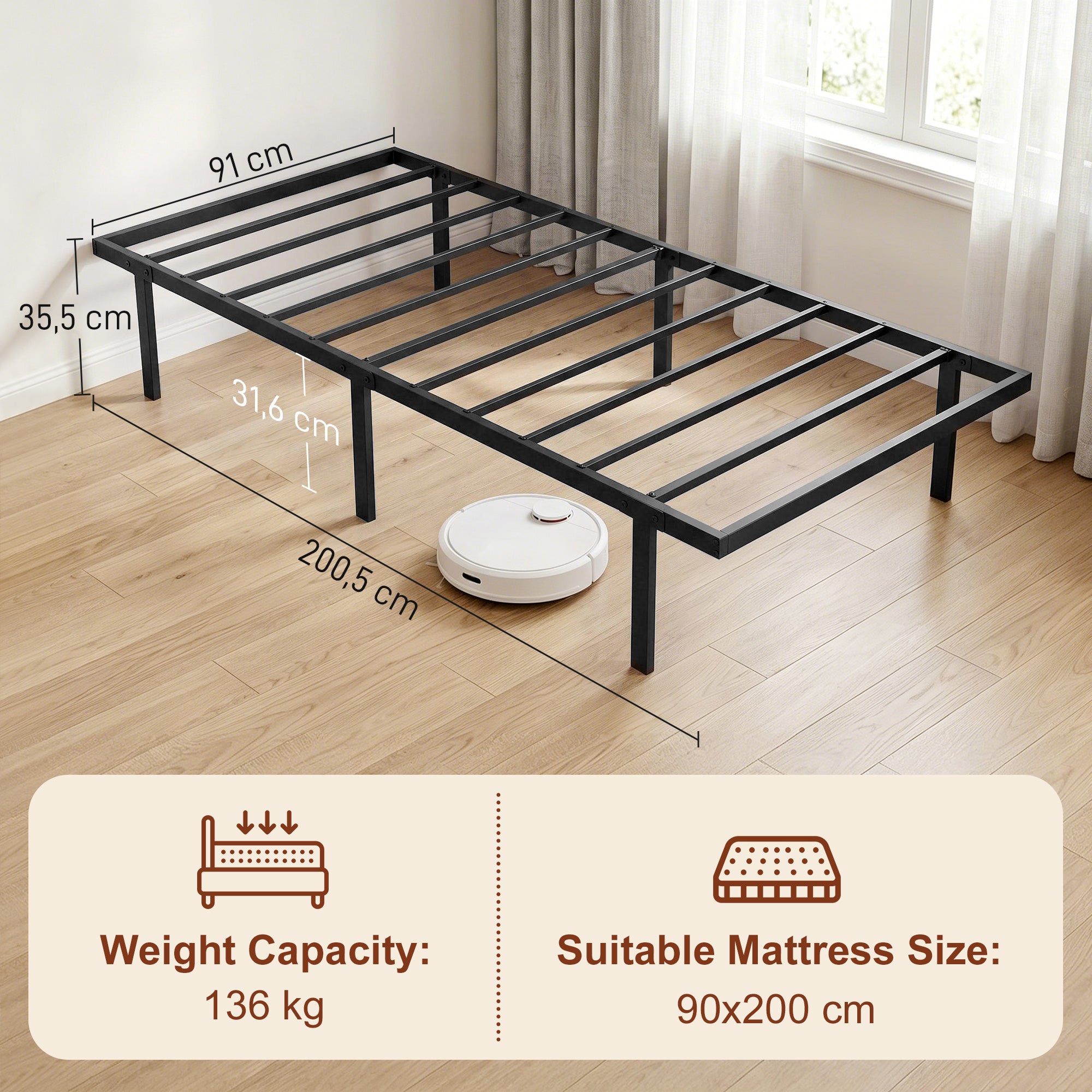 Cadre de lit 90 x 200 cm avec sommier, lit simple avec support à lattes en métal, rangement au-dessous de 35,5H cm, sans bruit, montage facile, noir