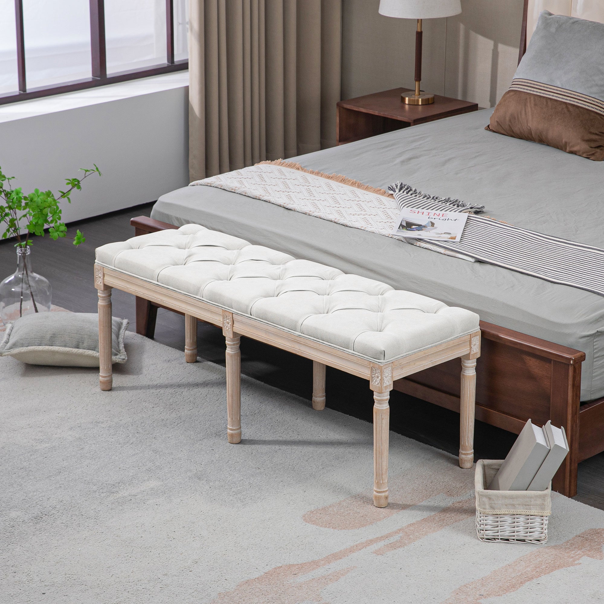 Banc bout de lit banquette capitonnée style vintage français rembourrage épais revêtement tissu aspect lin pieds en bois massif crème