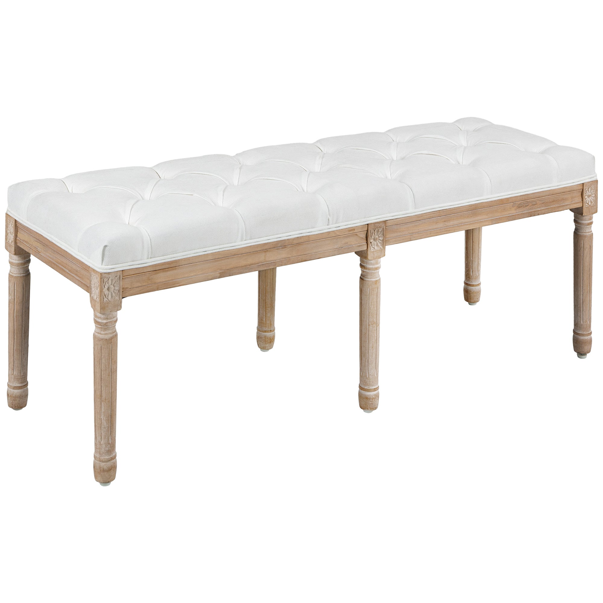 Banc bout de lit banquette capitonnée style vintage français rembourrage épais revêtement tissu aspect lin pieds en bois massif crème