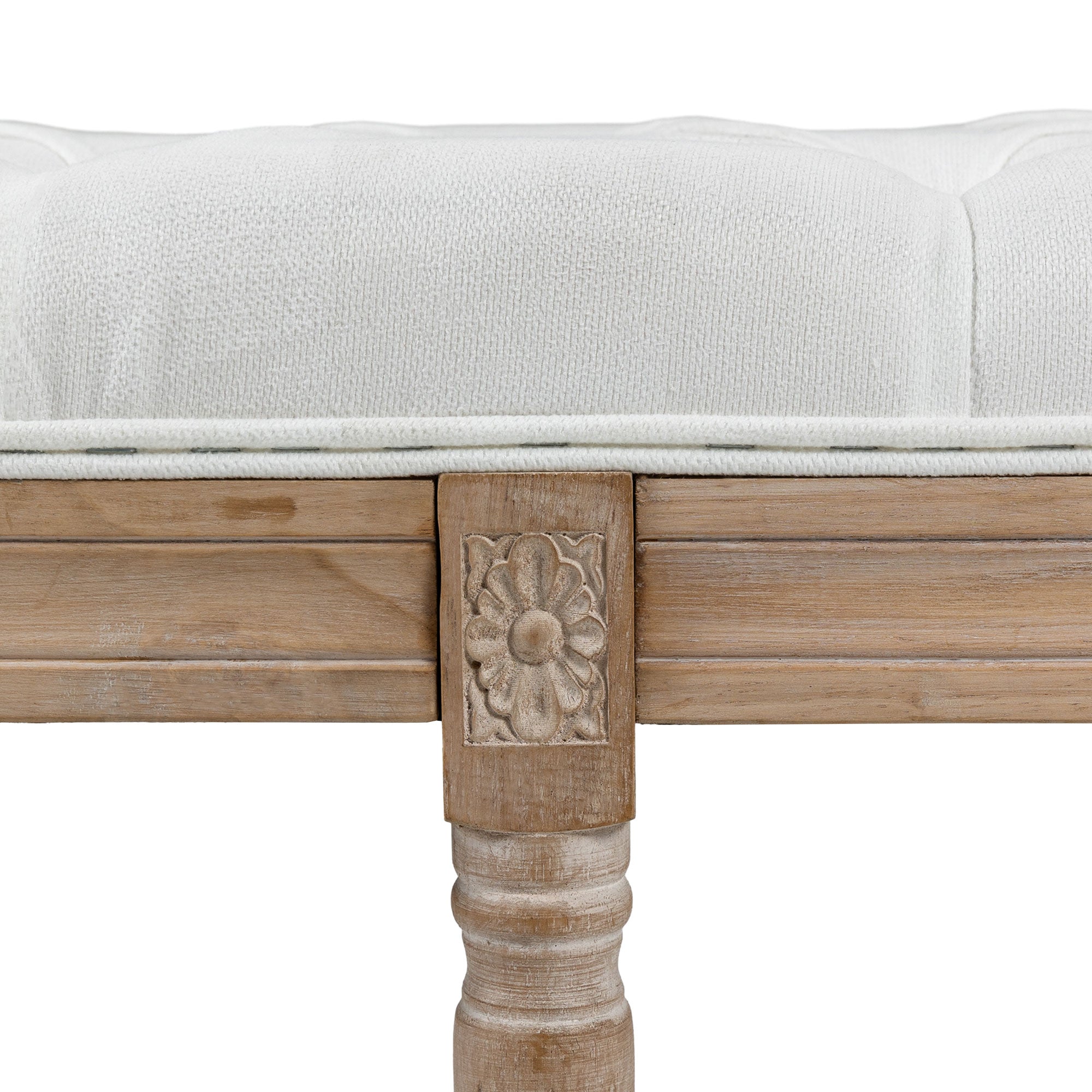 Banc bout de lit banquette capitonnée style vintage français rembourrage épais revêtement tissu aspect lin pieds en bois massif crème