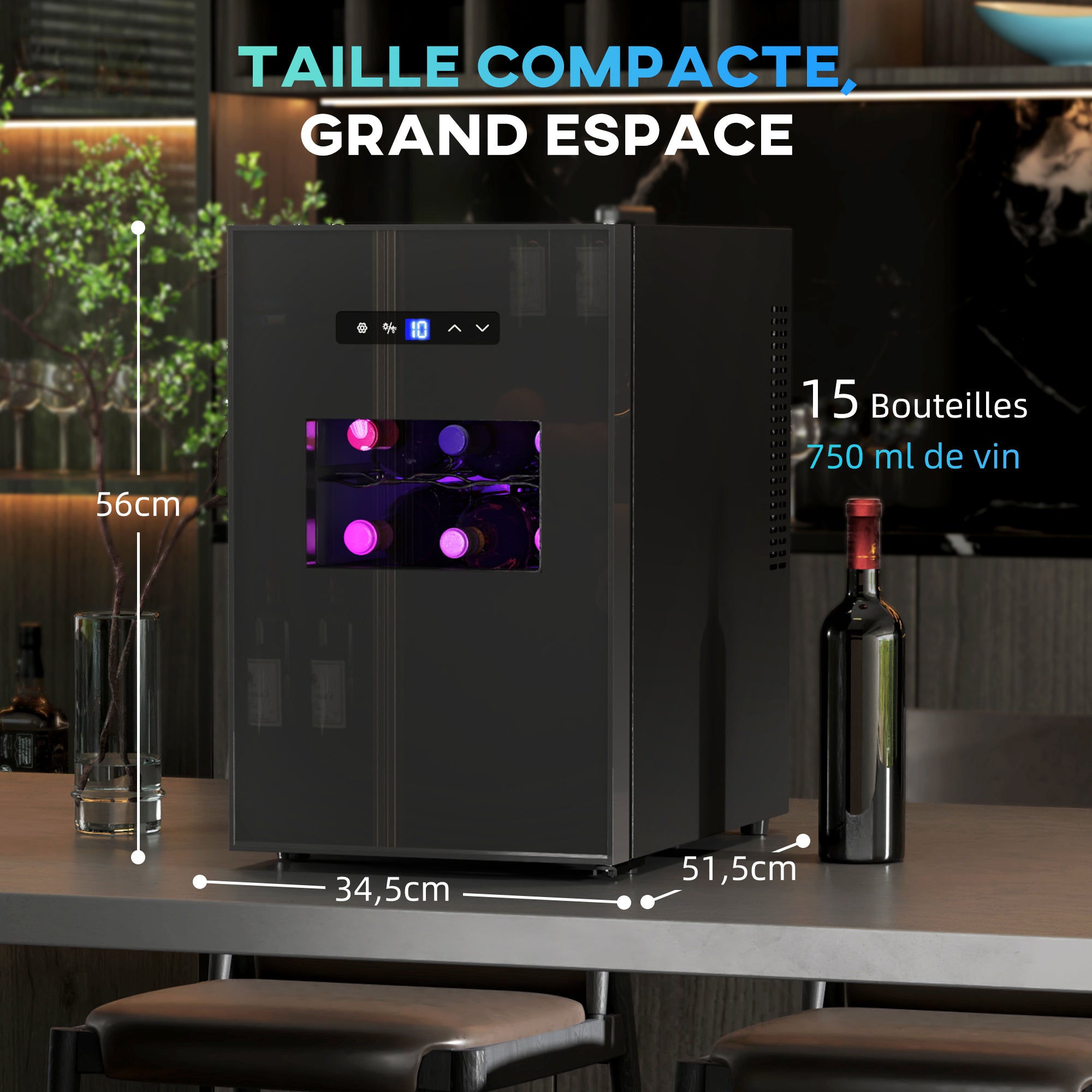Cave à vin 15 bouteilles 39L réfrigérateur à vin thermoélectrique et silencieux - porte en verre, éclairage LED, écran tactile numérique, frigo vin contrôle de température 8-18°C, noir
