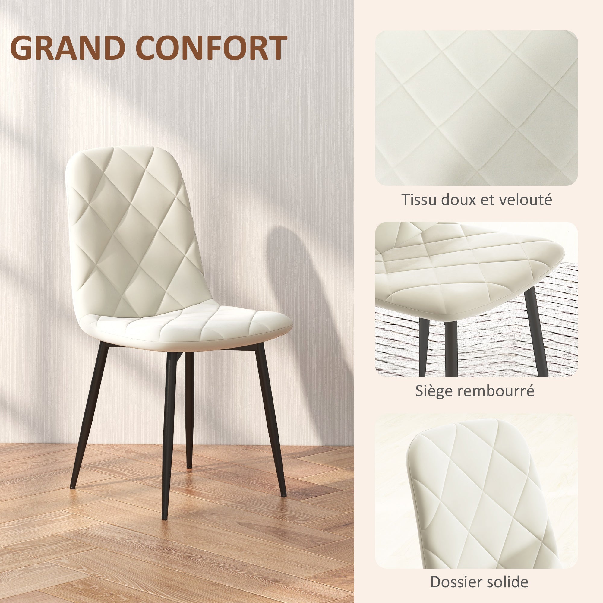 Lot de 4 chaises de salle à manger, chaises de cuisine rembourrées avec dossier haut, pieds en acier et tissu effet velours, pour salon, chambre, cuisine, crème