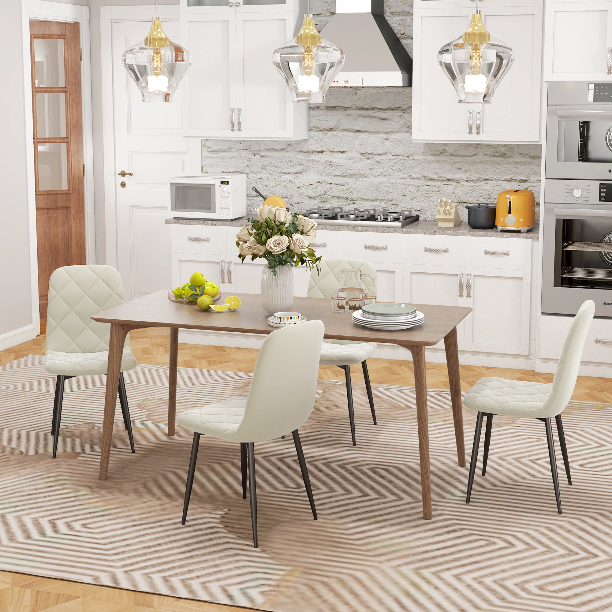 Lot de 4 chaises de salle à manger, chaises de cuisine rembourrées avec dossier haut, pieds en acier et tissu effet velours, pour salon, chambre, cuisine, crème