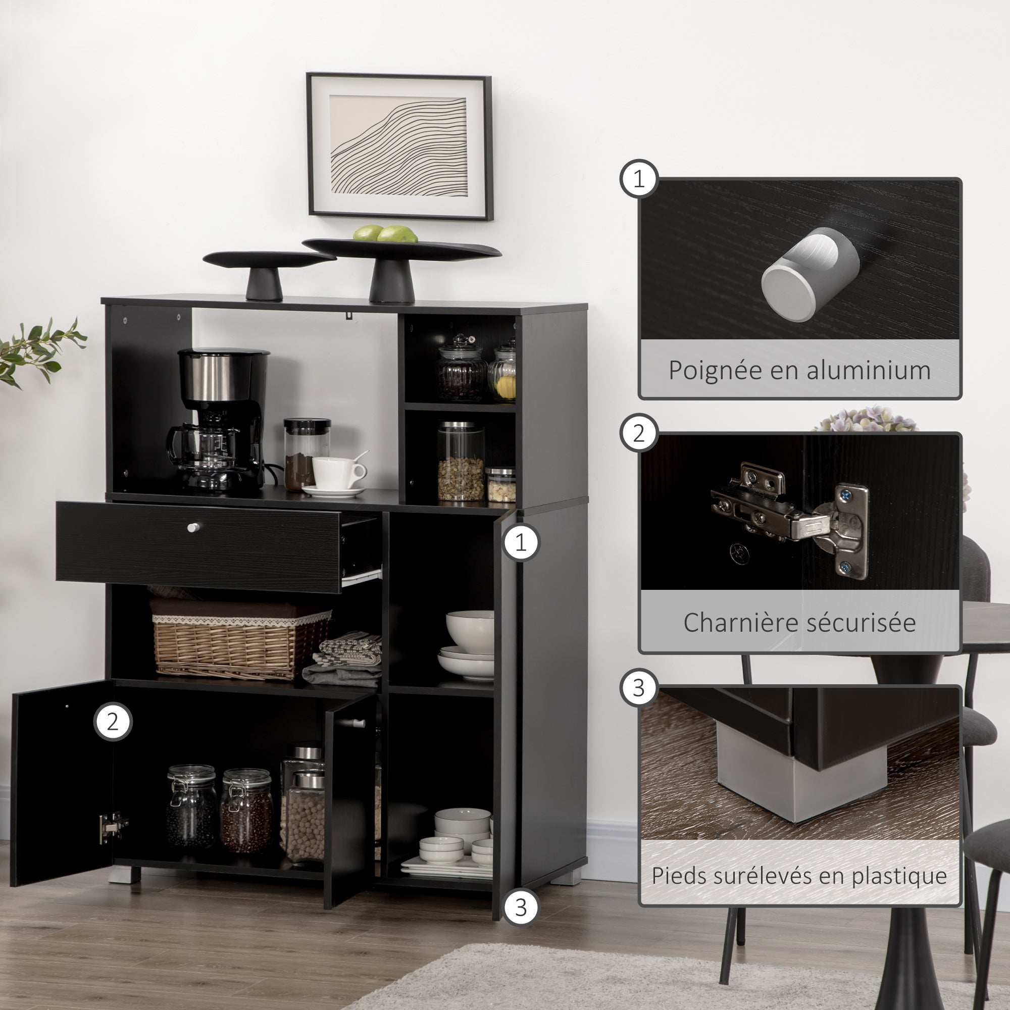 Meuble de micro-onde armoire cuisine meuble de rangement multi-rangements buffet avec 2 placards 4 niches tiroir coulissant dim. 90L x 40l x 120H cm en bois noir