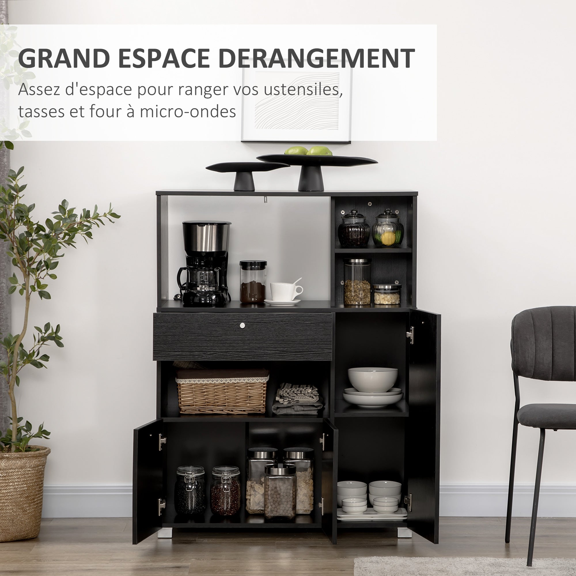 Meuble de micro-onde armoire cuisine meuble de rangement multi-rangements buffet avec 2 placards 4 niches tiroir coulissant dim. 90L x 40l x 120H cm en bois noir