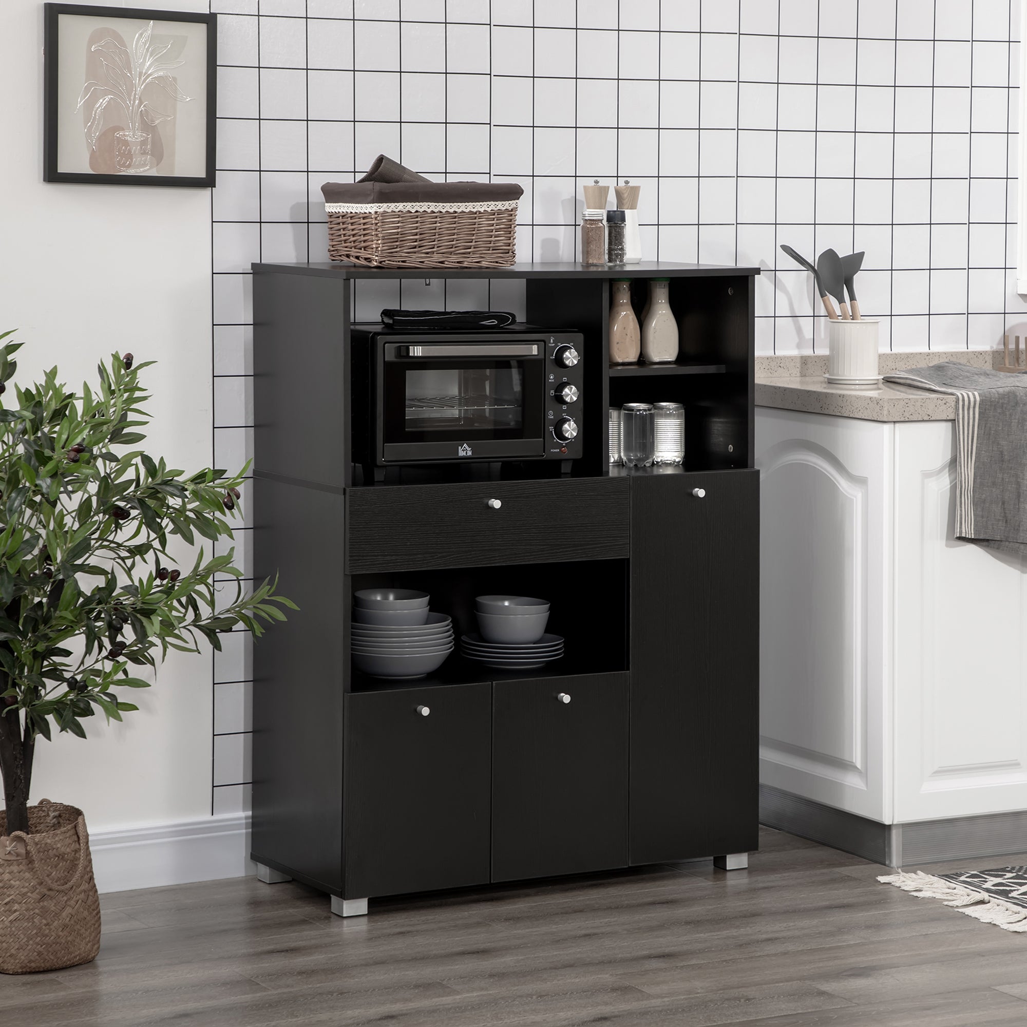 Meuble de micro-onde armoire cuisine meuble de rangement multi-rangements buffet avec 2 placards 4 niches tiroir coulissant dim. 90L x 40l x 120H cm en bois noir