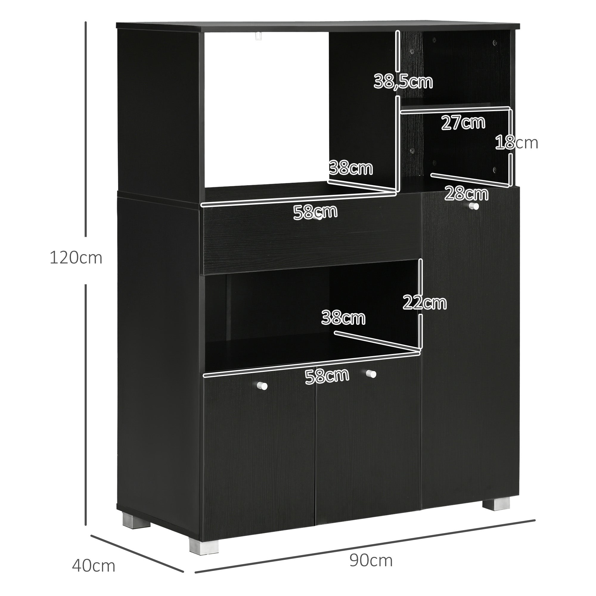 Meuble de micro-onde armoire cuisine meuble de rangement multi-rangements buffet avec 2 placards 4 niches tiroir coulissant dim. 90L x 40l x 120H cm en bois noir