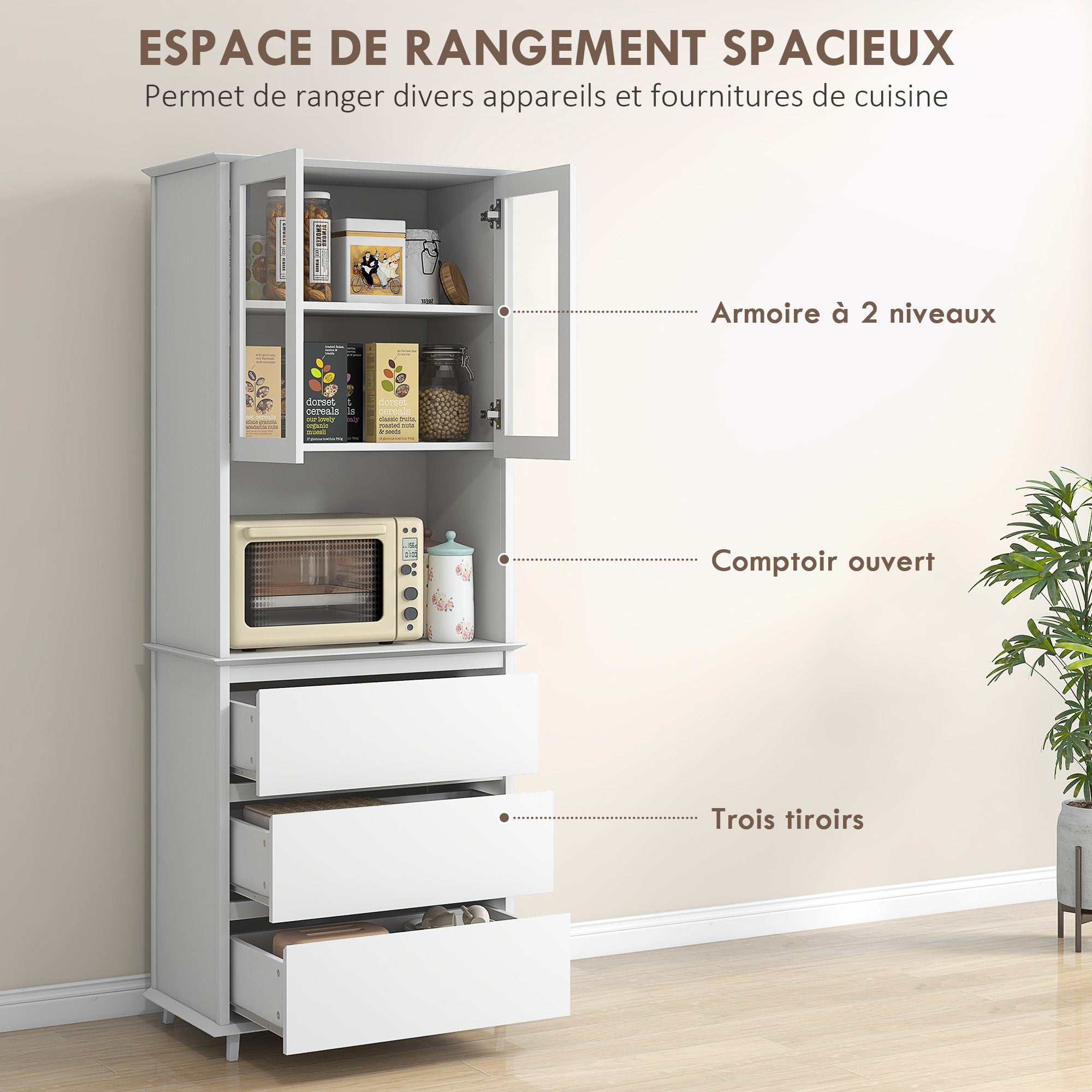 Buffet de cuisine meuble de rangement placard 2 portes 3 tiroirs et niche centrale dim. 68L x 38l x 172H cm en bois blanc