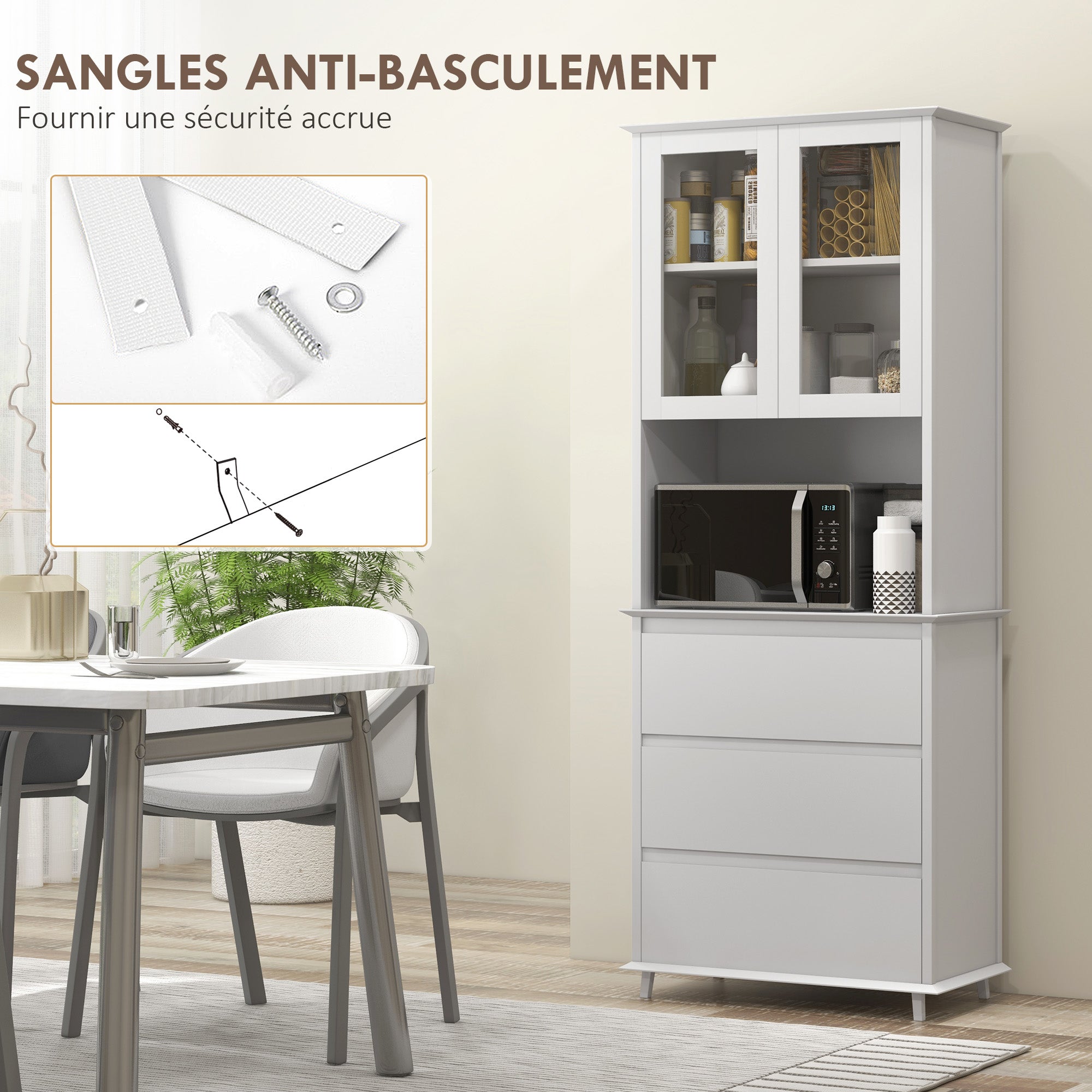 Buffet de cuisine meuble de rangement placard 2 portes 3 tiroirs et niche centrale dim. 68L x 38l x 172H cm en bois blanc