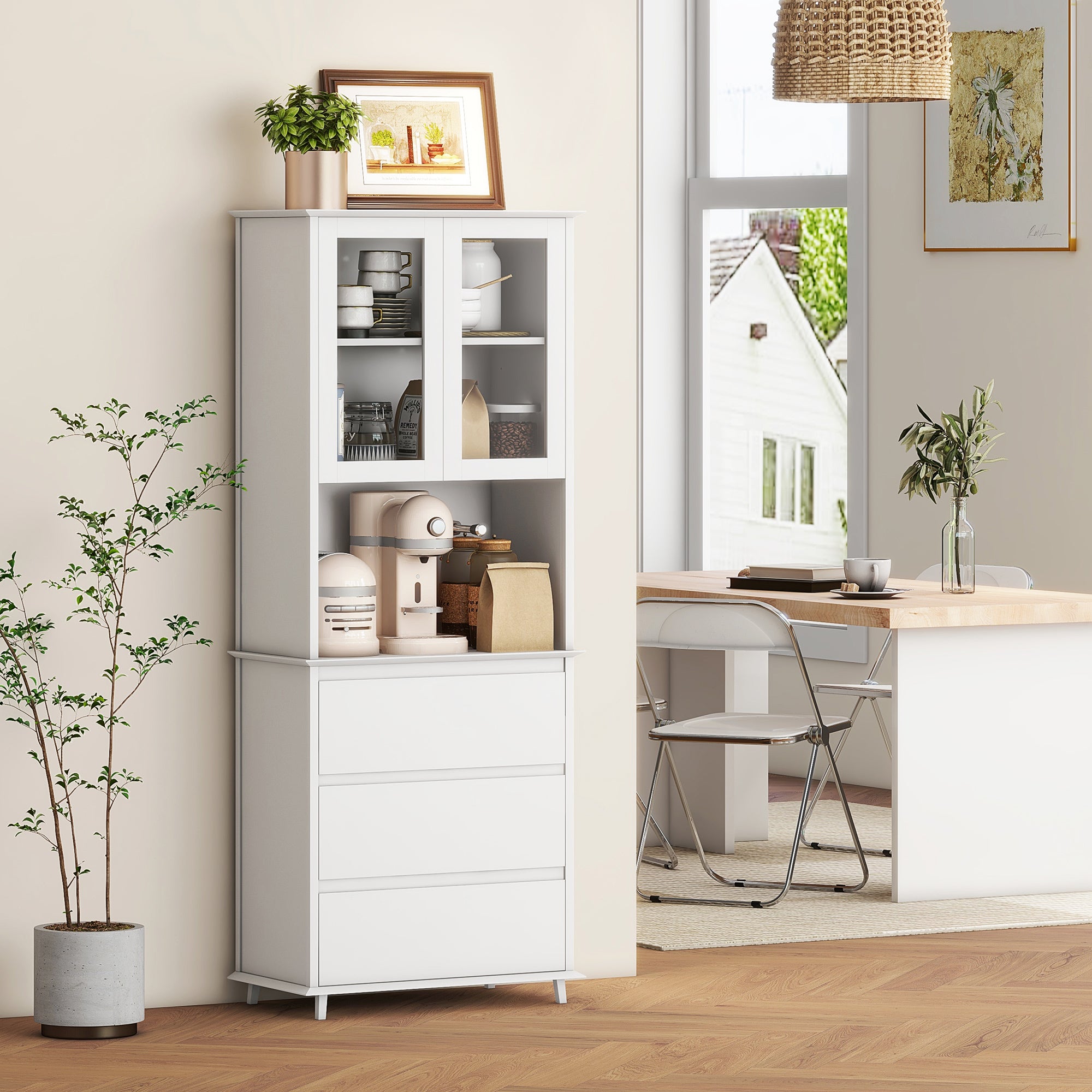 Buffet de cuisine meuble de rangement placard 2 portes 3 tiroirs et niche centrale dim. 68L x 38l x 172H cm en bois blanc