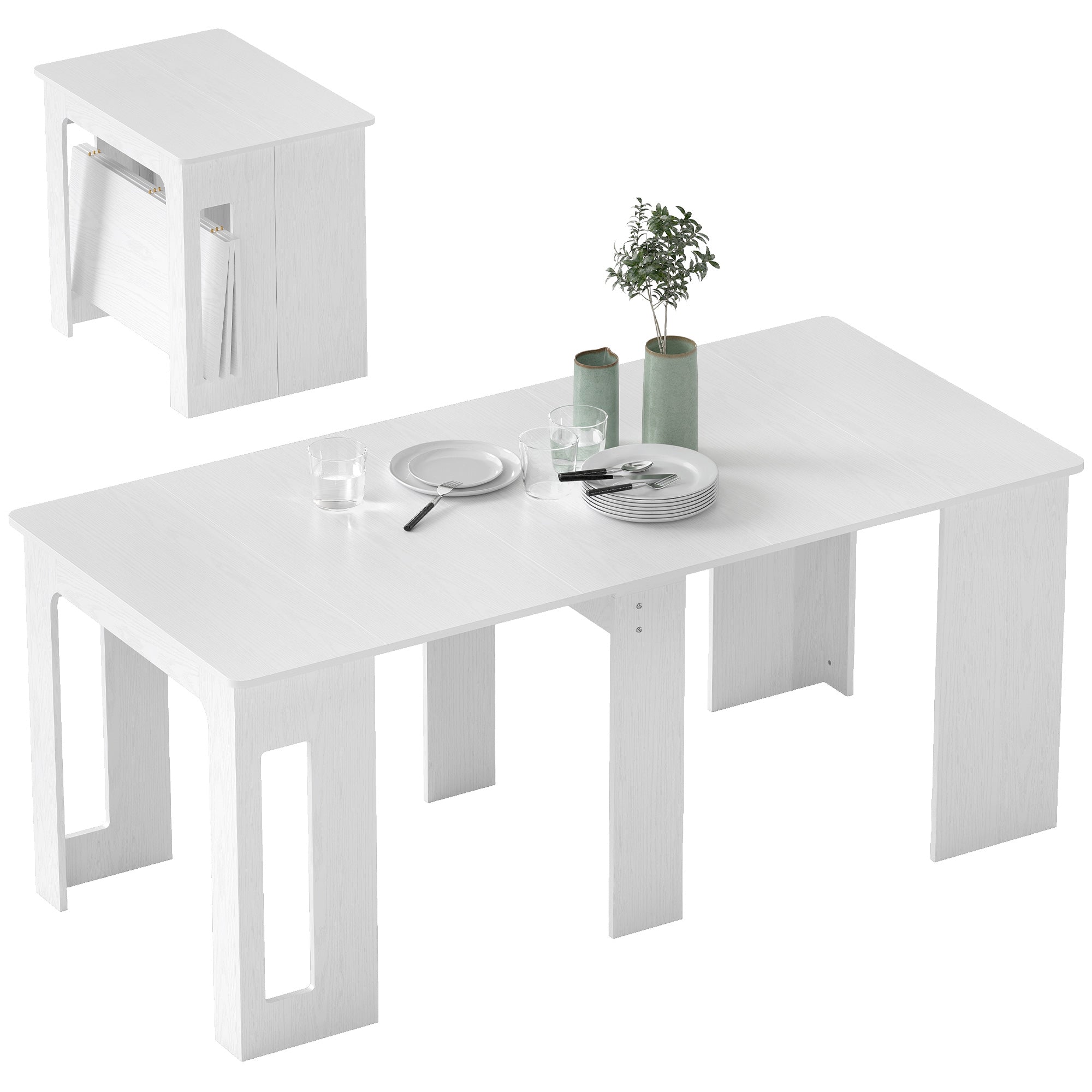 Table à manger pliante, table pliante cuisine rectangulaire extensible jusqu'à 6 personnes, pour petits espaces, salle à manger, blanc